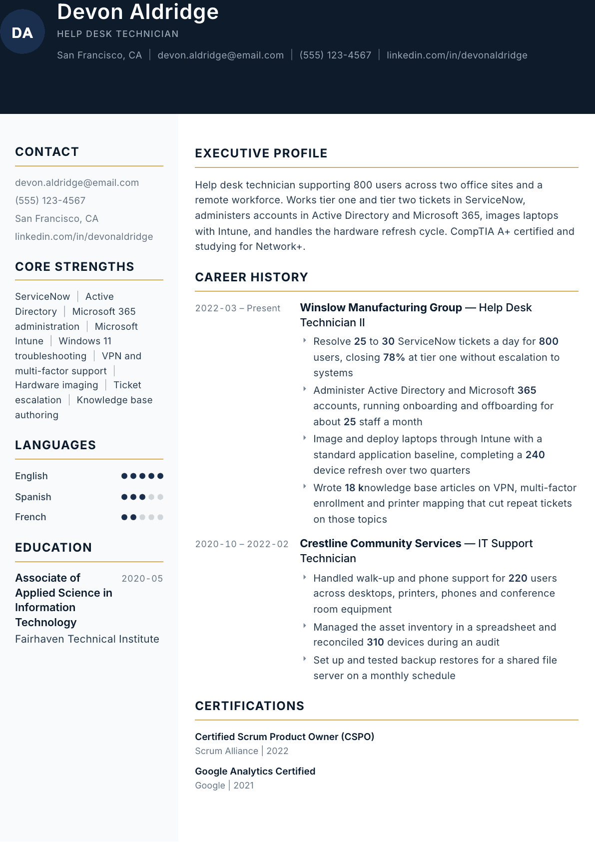 Help Desk Technician resume example, Consulate template
