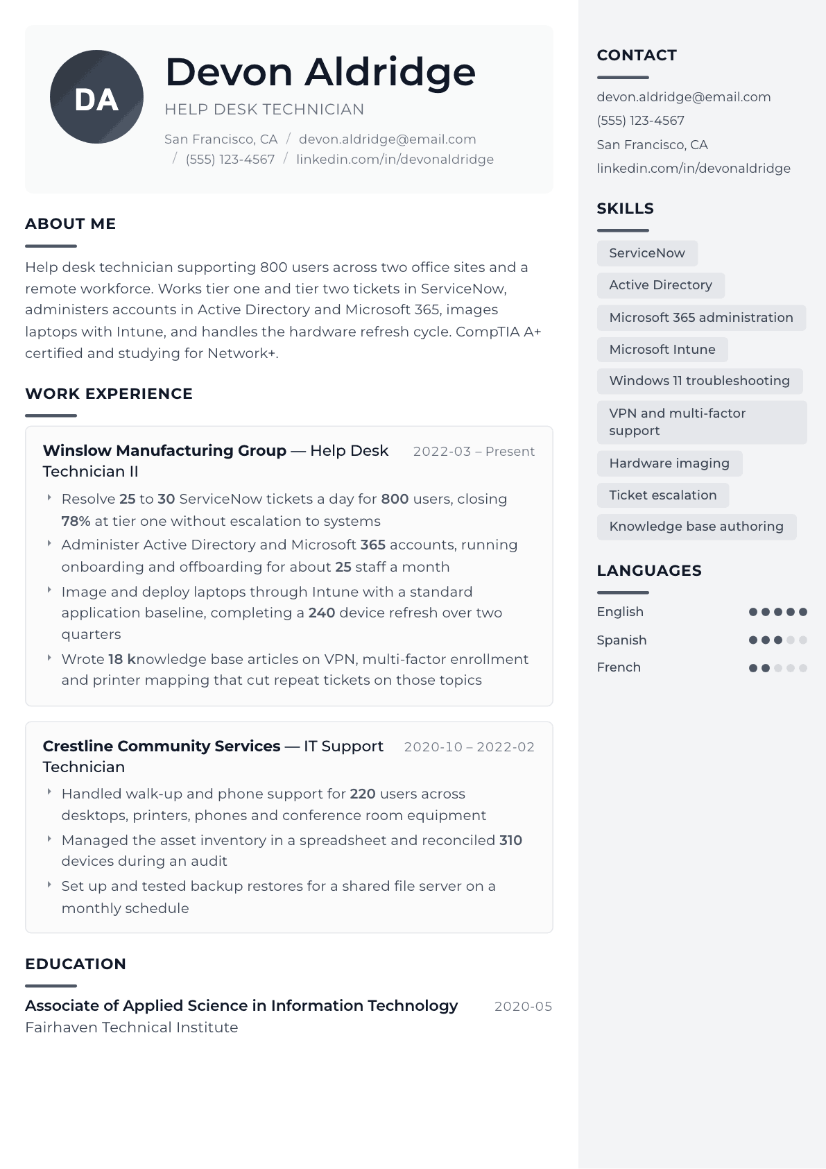 Help Desk Technician resume example, Metropolitan template