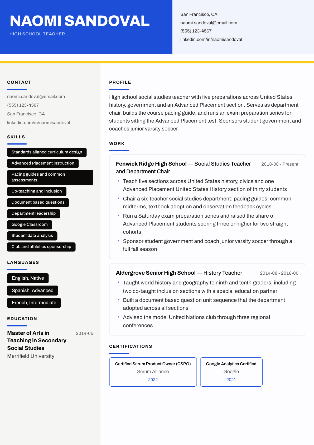 High School Teacher resume example, Kontrast template