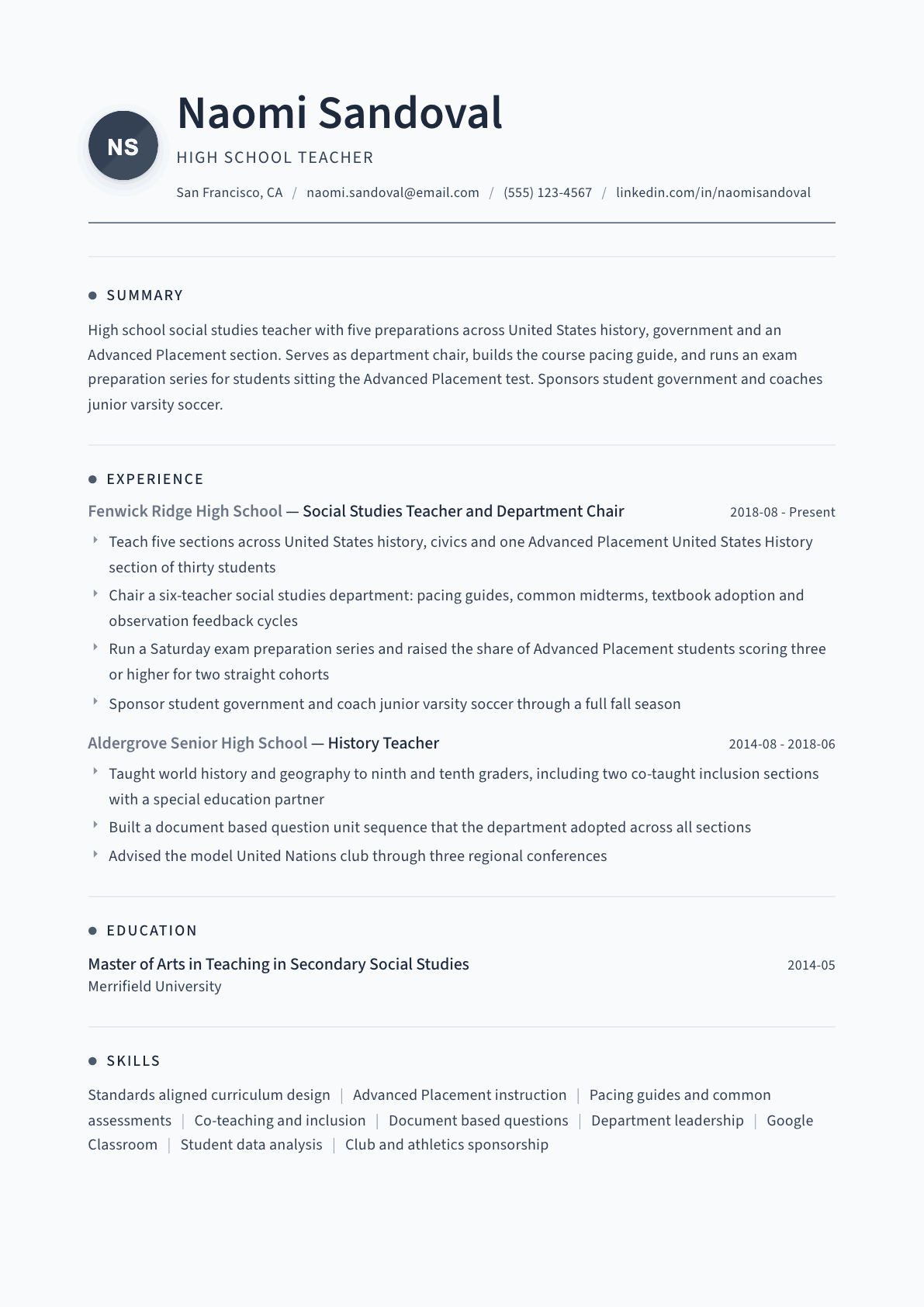 High School Teacher resume example, Thread template