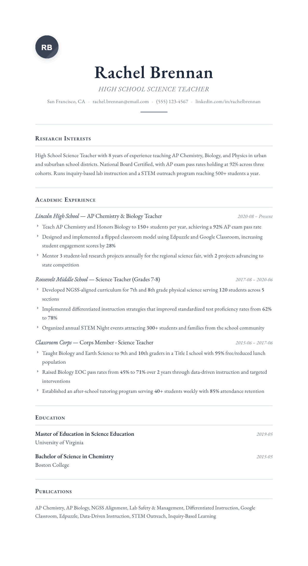 High School Science Teacher resume example, Scholar template