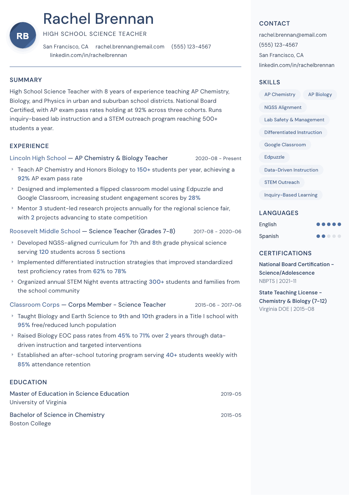 High School Science Teacher resume example, Kernel template