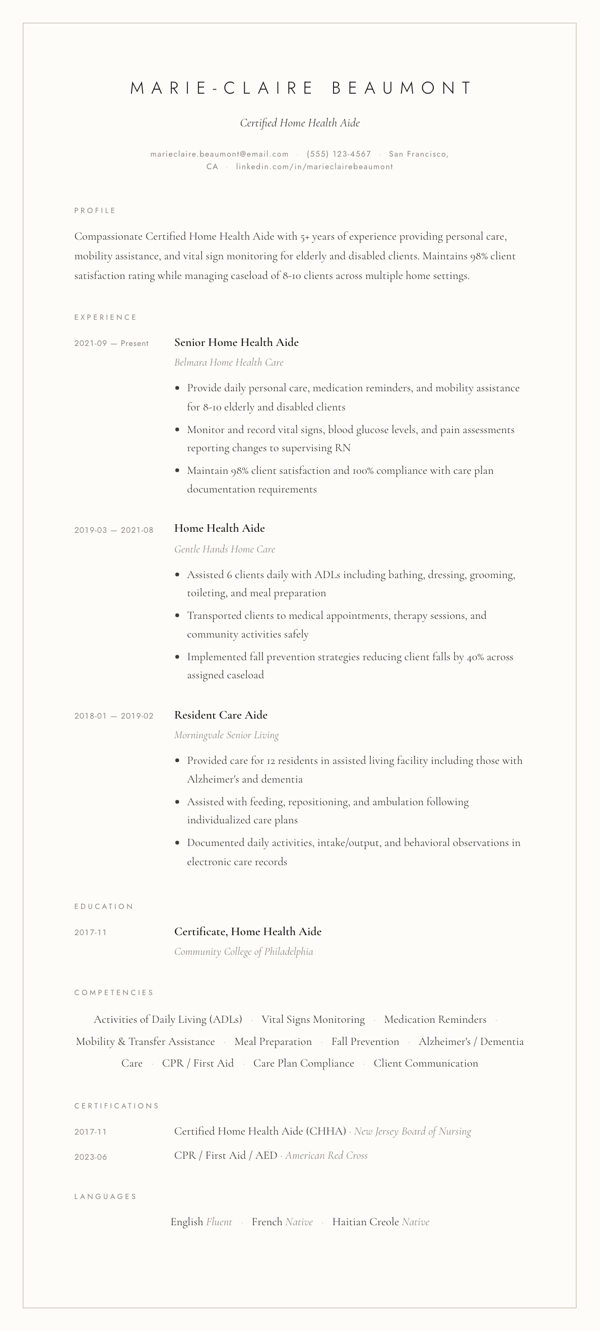 Home Health Aide resume example, Vellum template