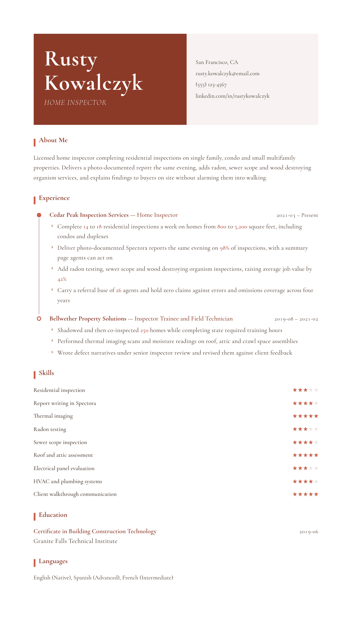 Home Inspector resume example, Artisan template