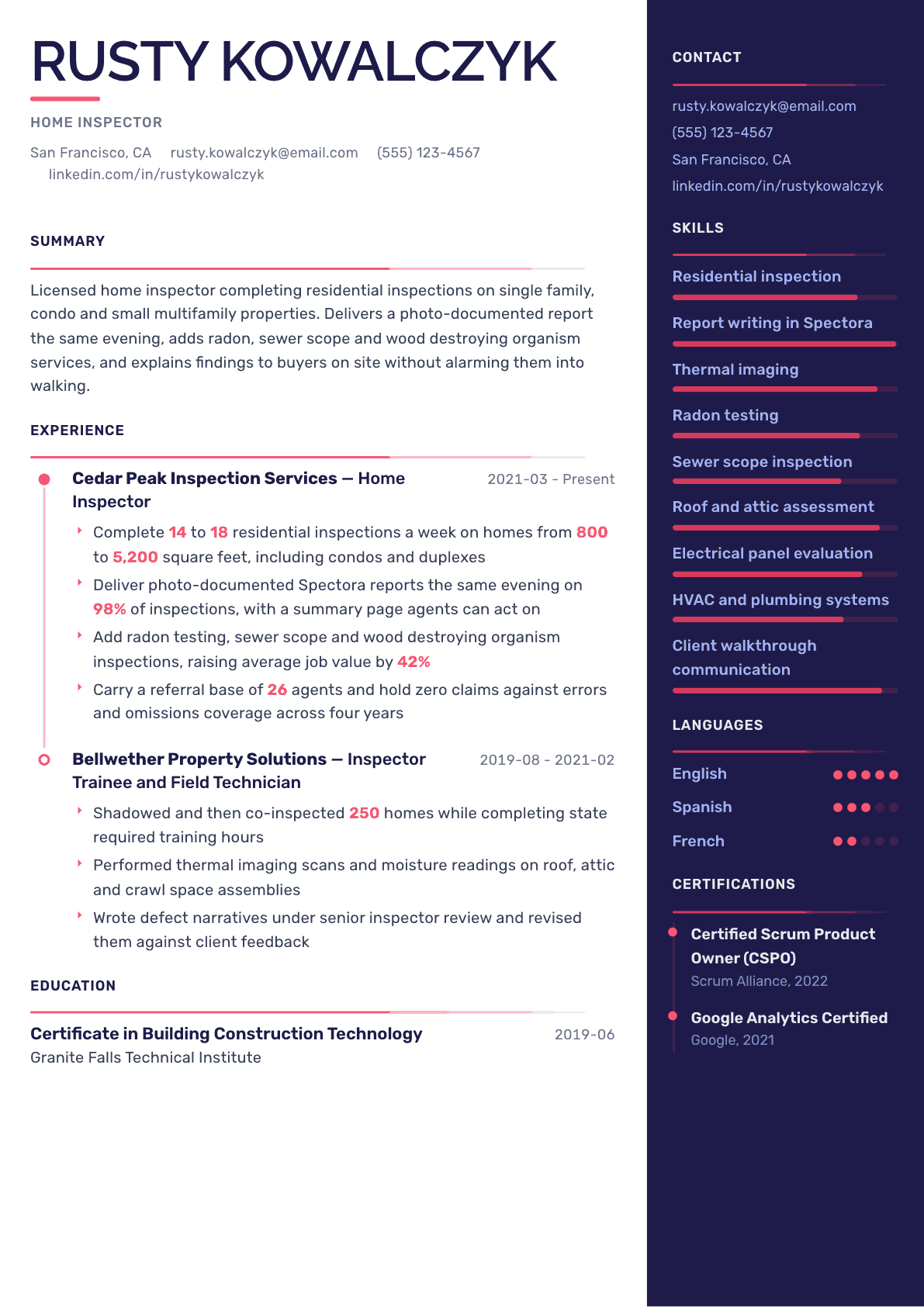 Home Inspector resume example, Obsidian Dark template