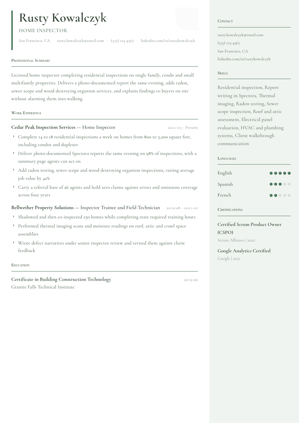 Home Inspector resume example, Copenhagen template