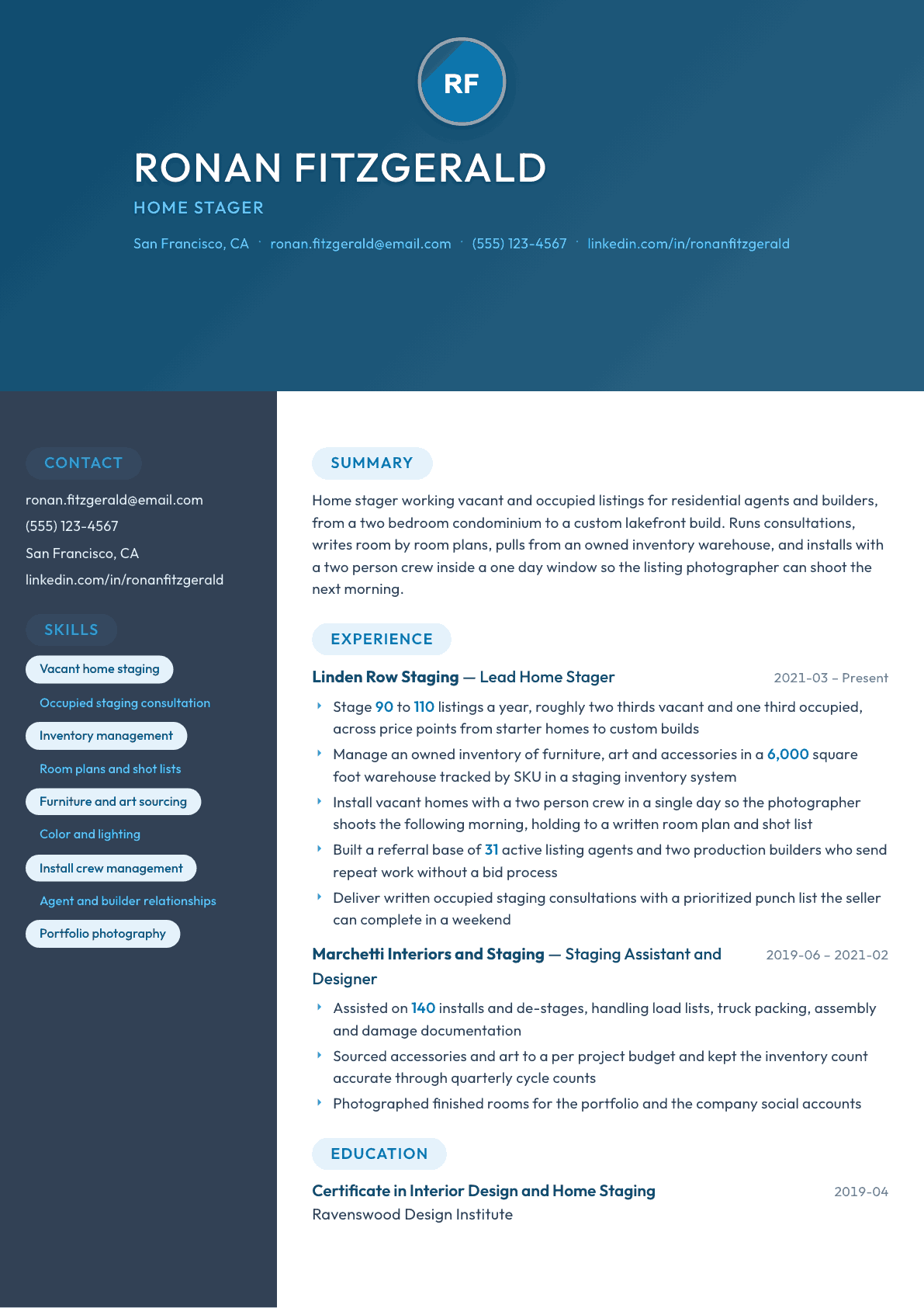 Home Stager resume example, Nexus template