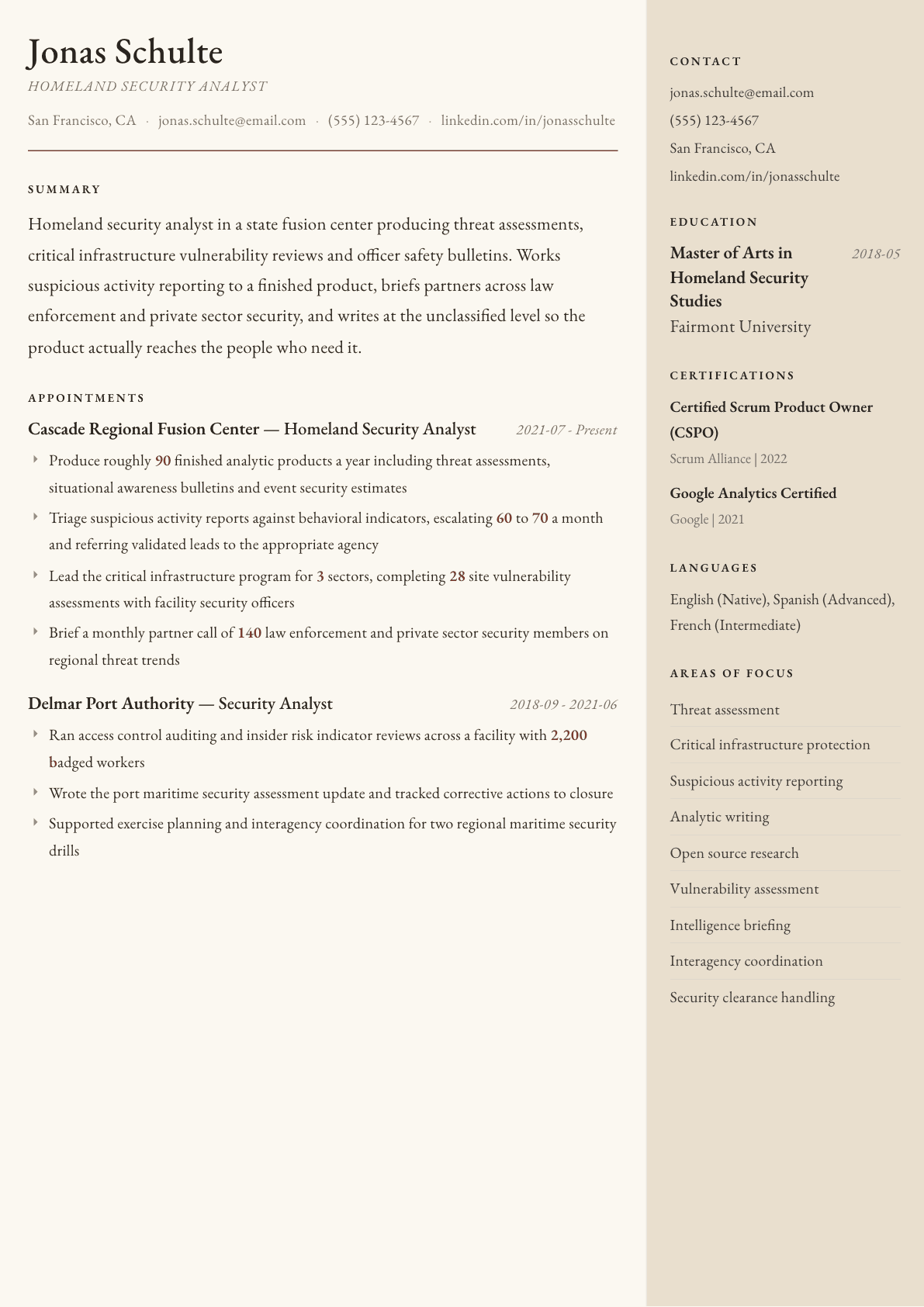 Homeland Security Analyst resume example, Manuscript template