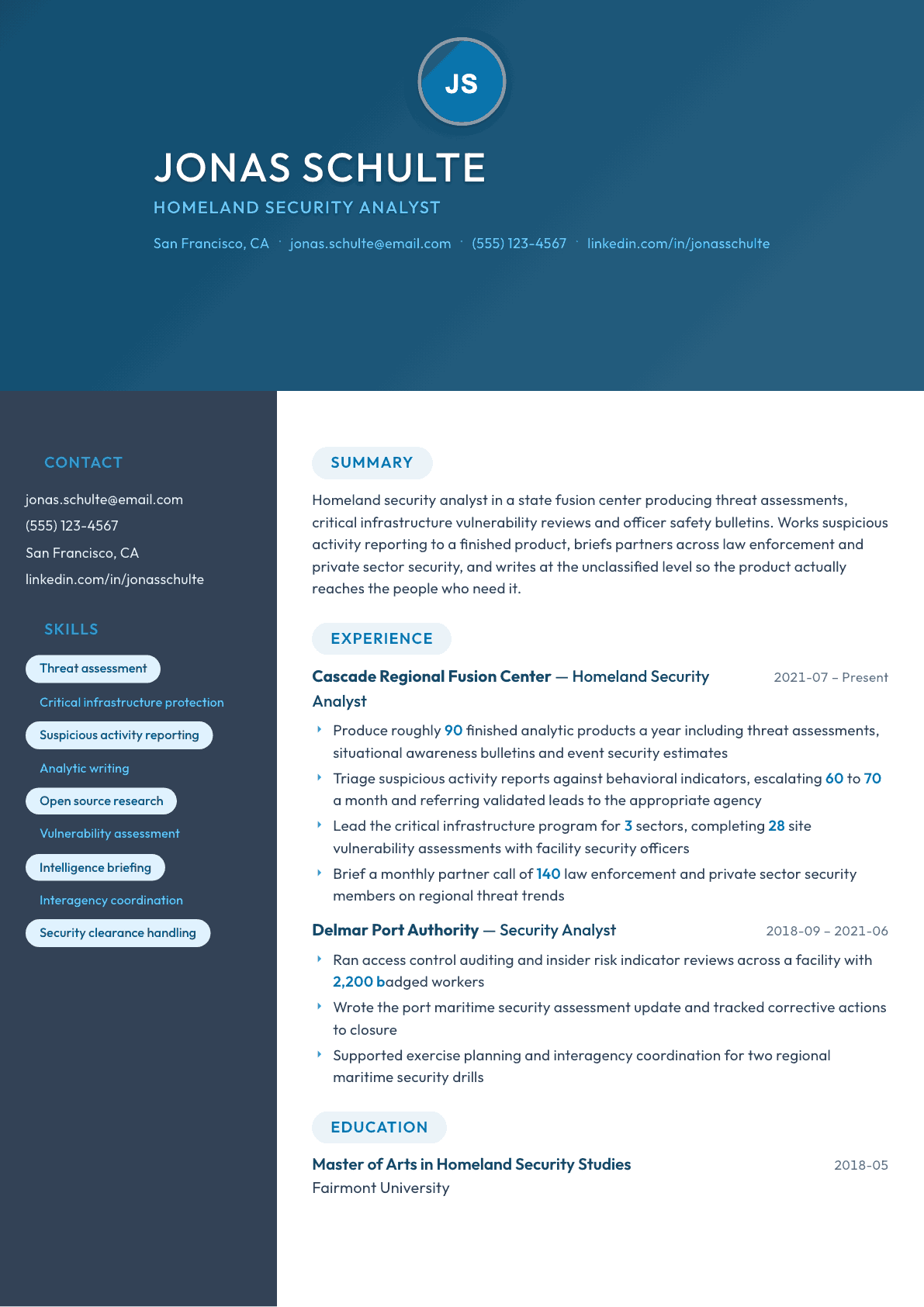 Homeland Security Analyst resume example, Nexus template