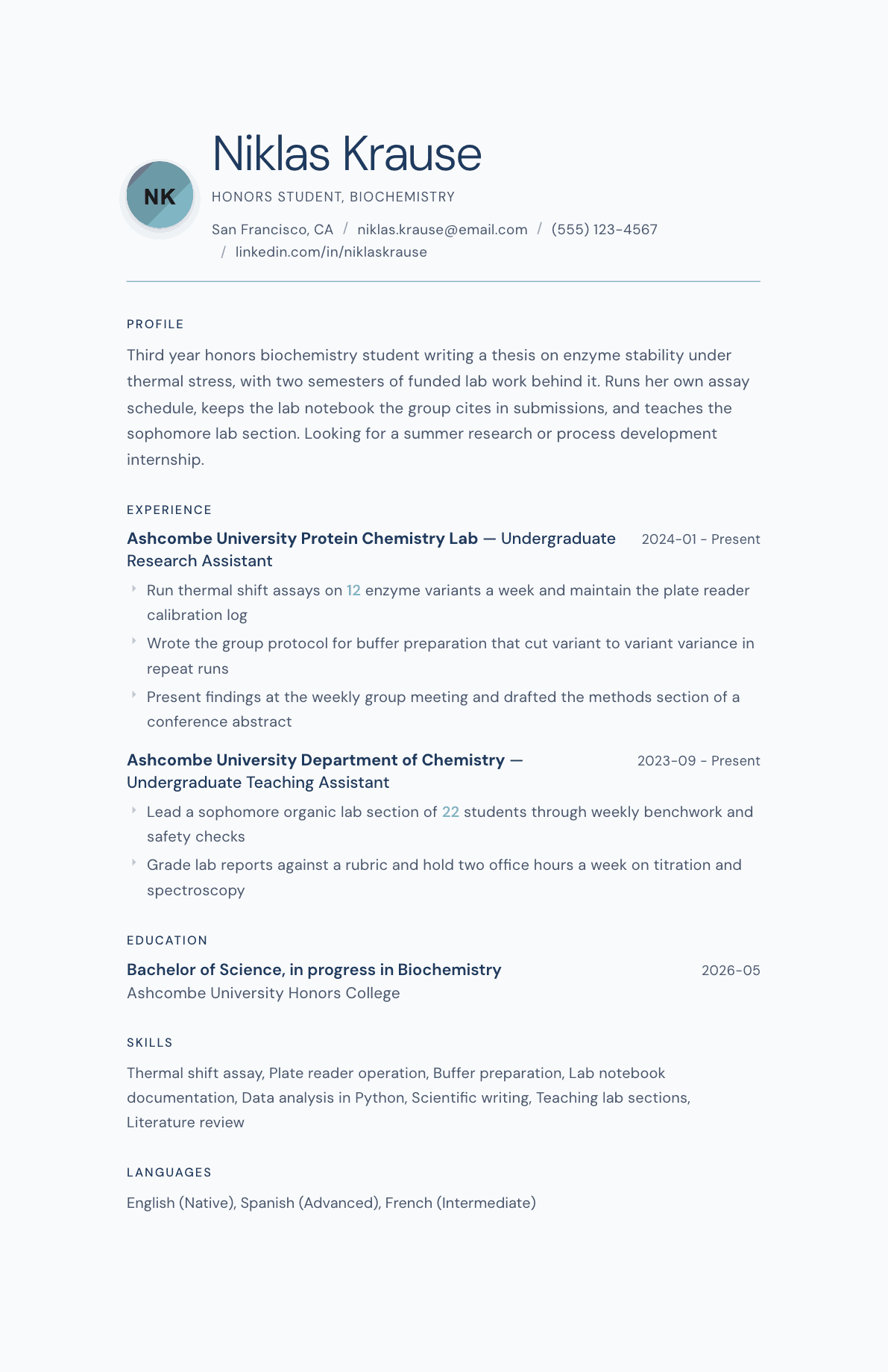 Honors Student resume example, Nordic Frost template