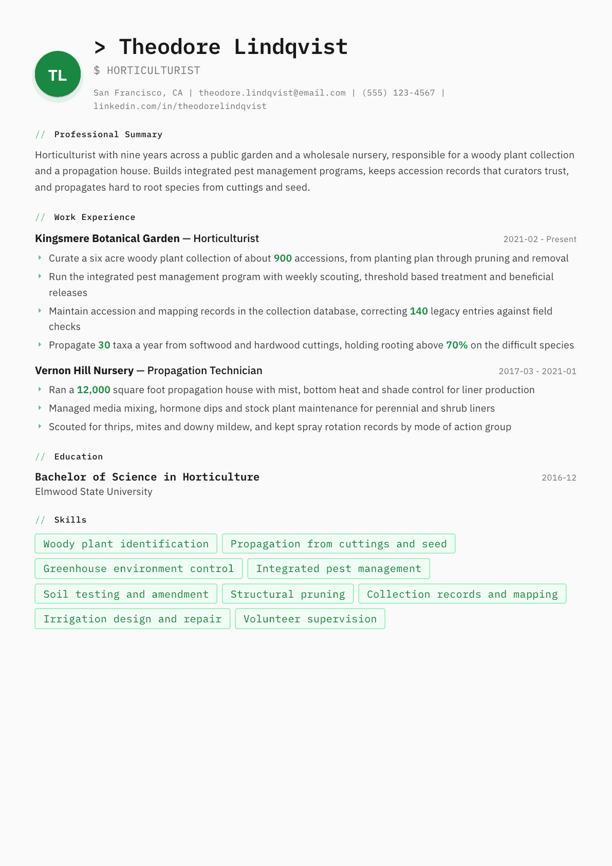 Horticulturist resume example, Amsterdam template