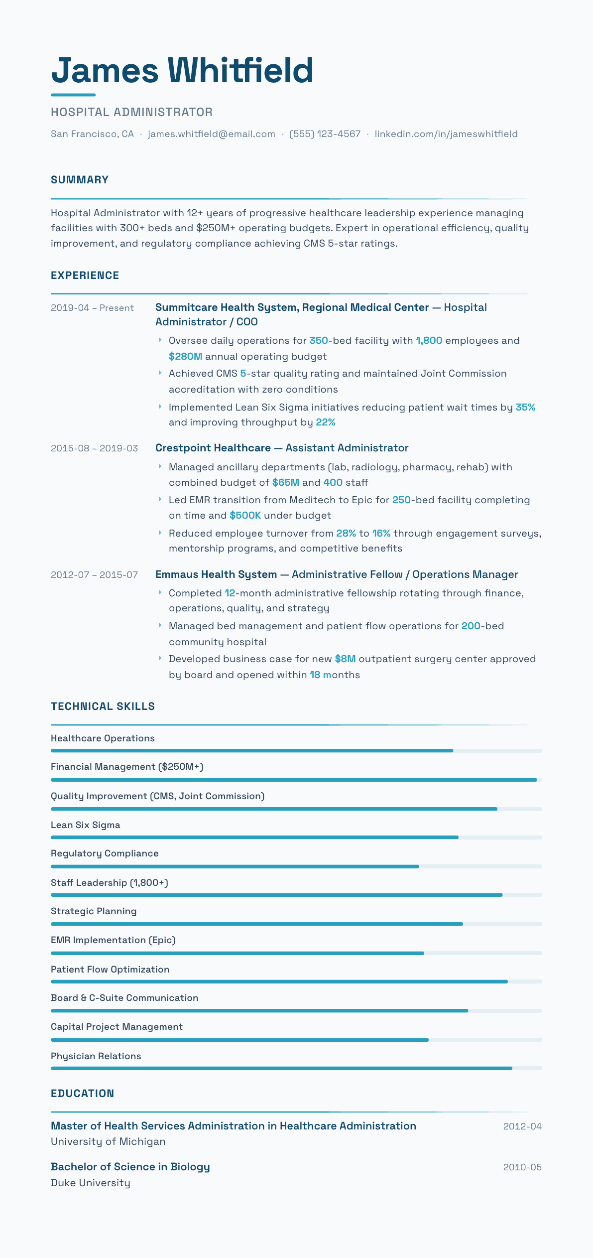 Hospital Administrator resume example, Velocity template