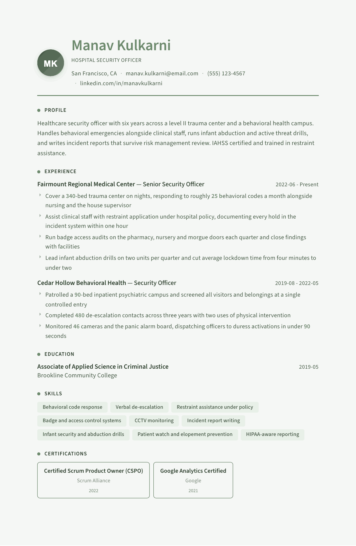 Hospital Security Officer resume example, Sage Garden template