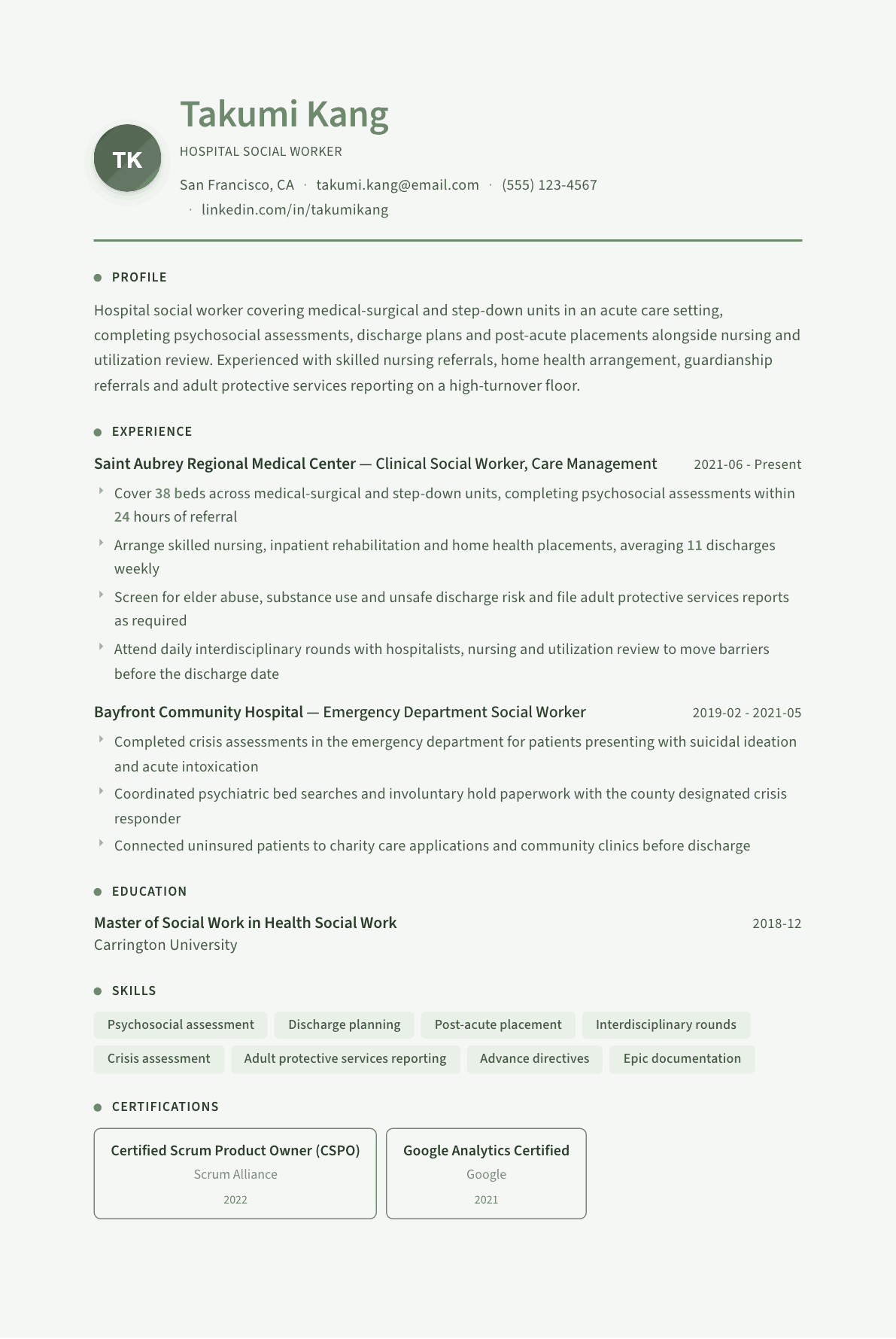 Hospital Social Worker resume example, Sage Garden template