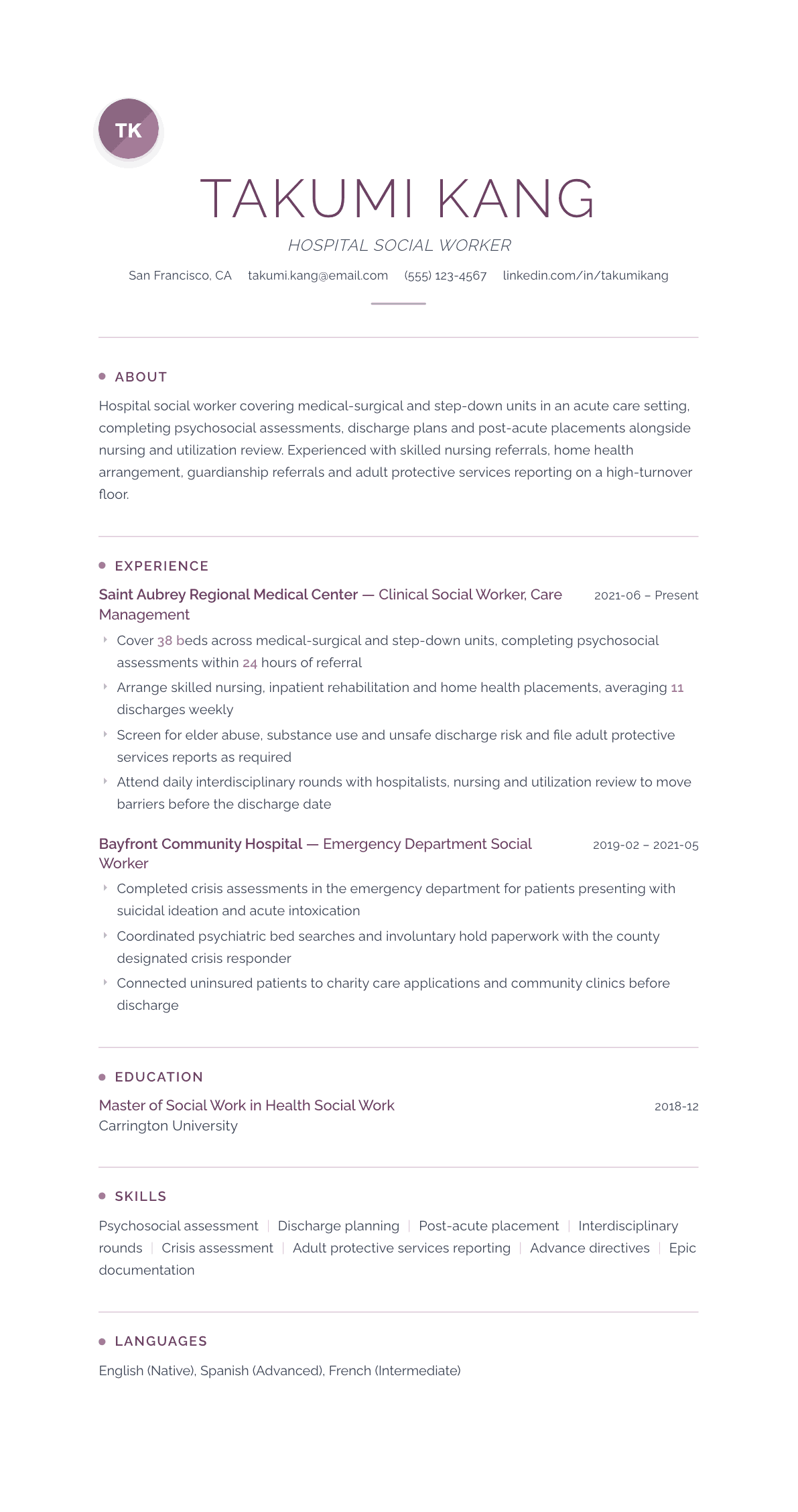 Hospital Social Worker resume example, Serenity template