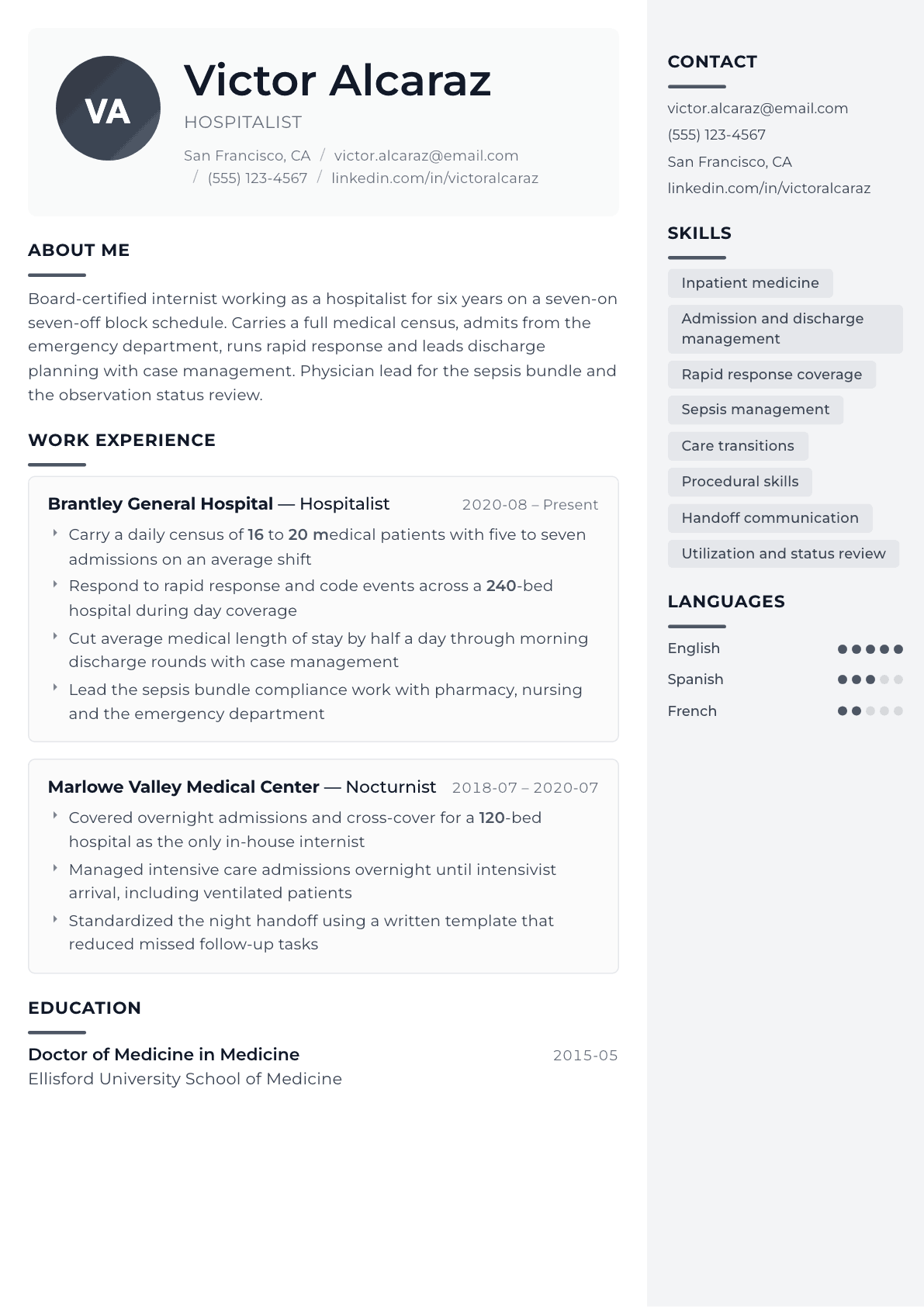 Hospitalist resume example, Metropolitan template