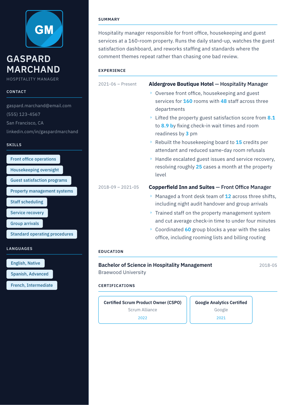Hospitality Manager resume example, Everest template
