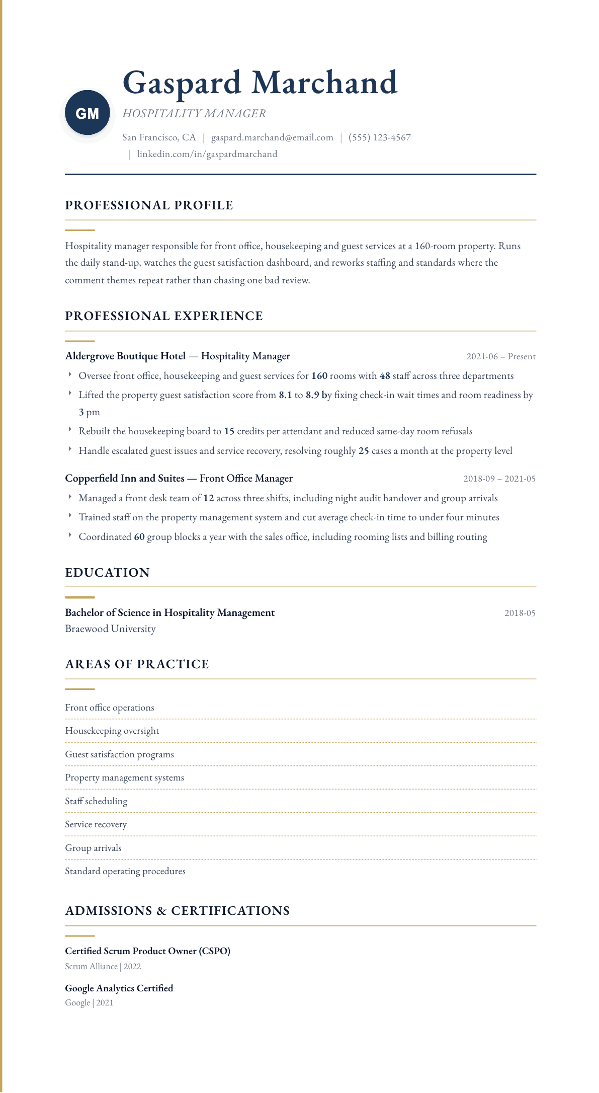 Hospitality Manager resume example, Folio template