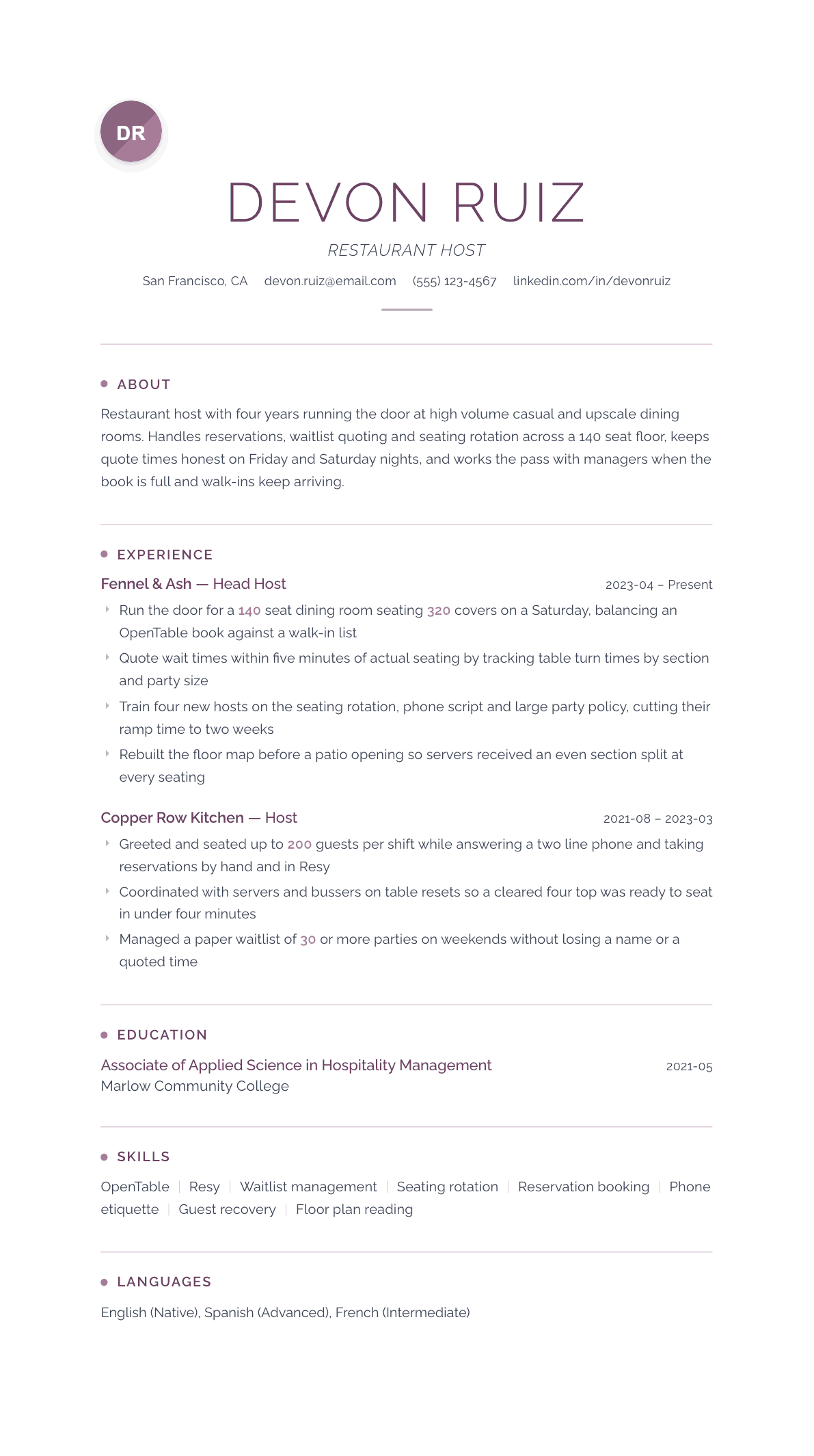 Host resume example, Serenity template