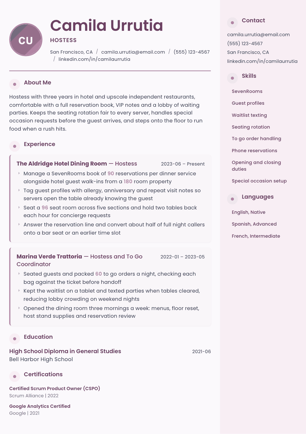 Hostess resume example, Bloom template
