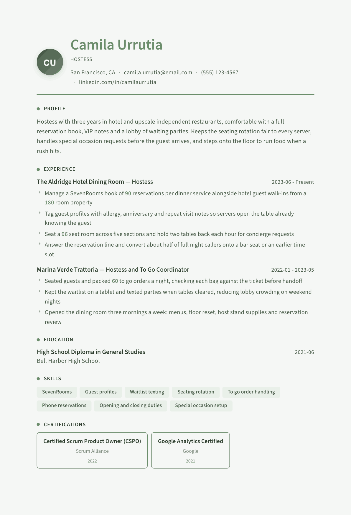 Hostess resume example, Sage Garden template