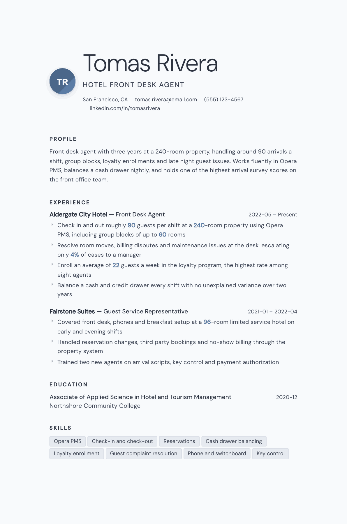 Hotel Front Desk Agent resume example, Nordic template