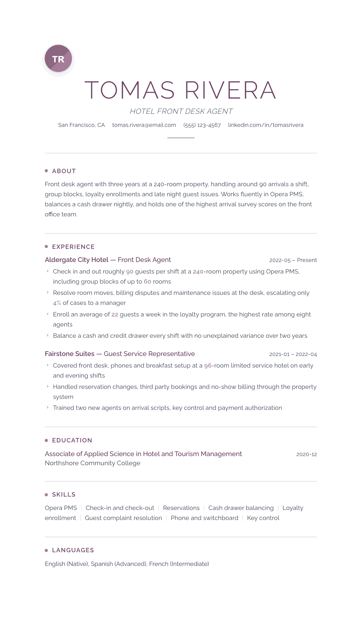 Hotel Front Desk Agent resume example, Serenity template