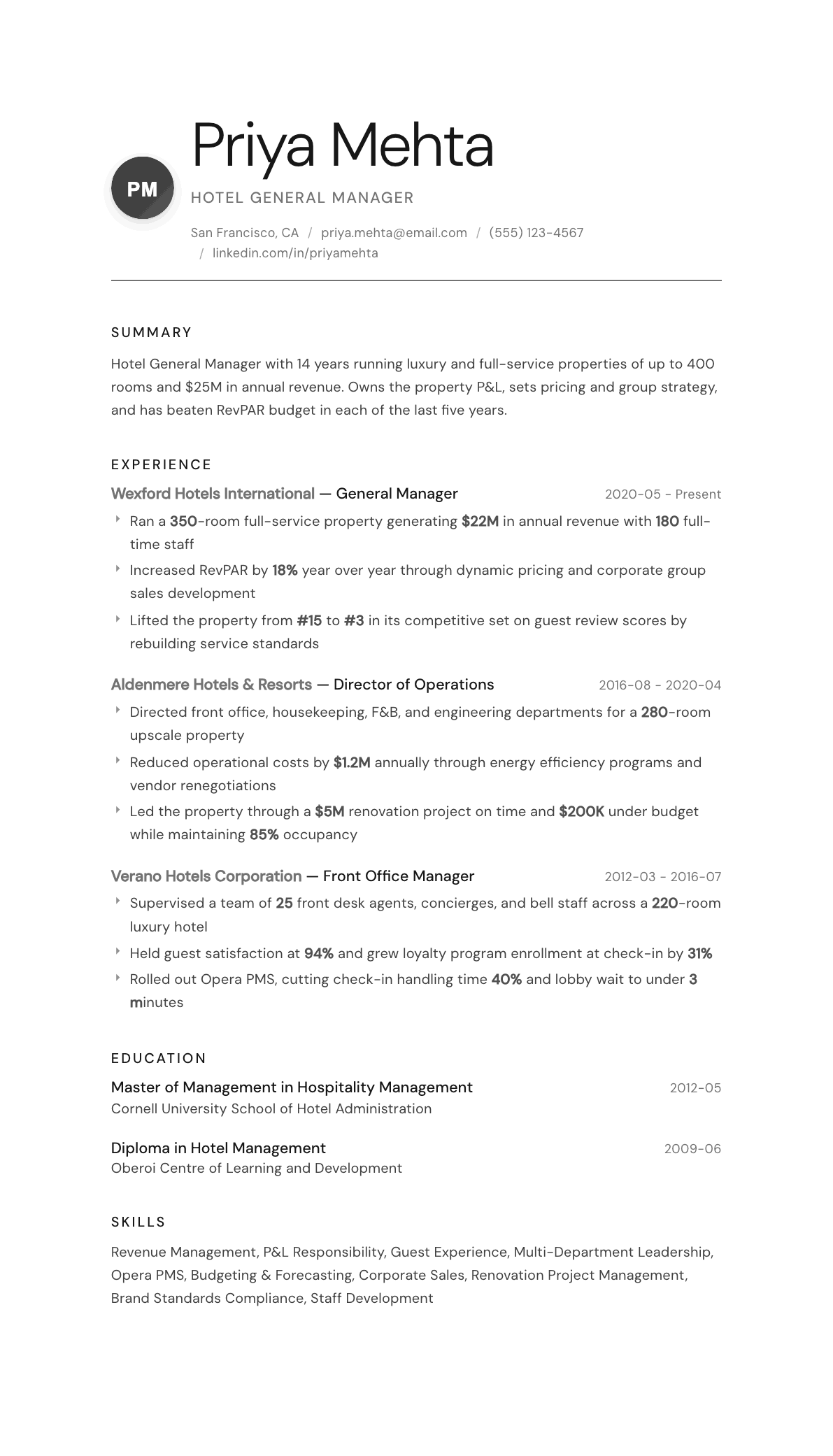 Hotel General Manager resume example, Whisper template