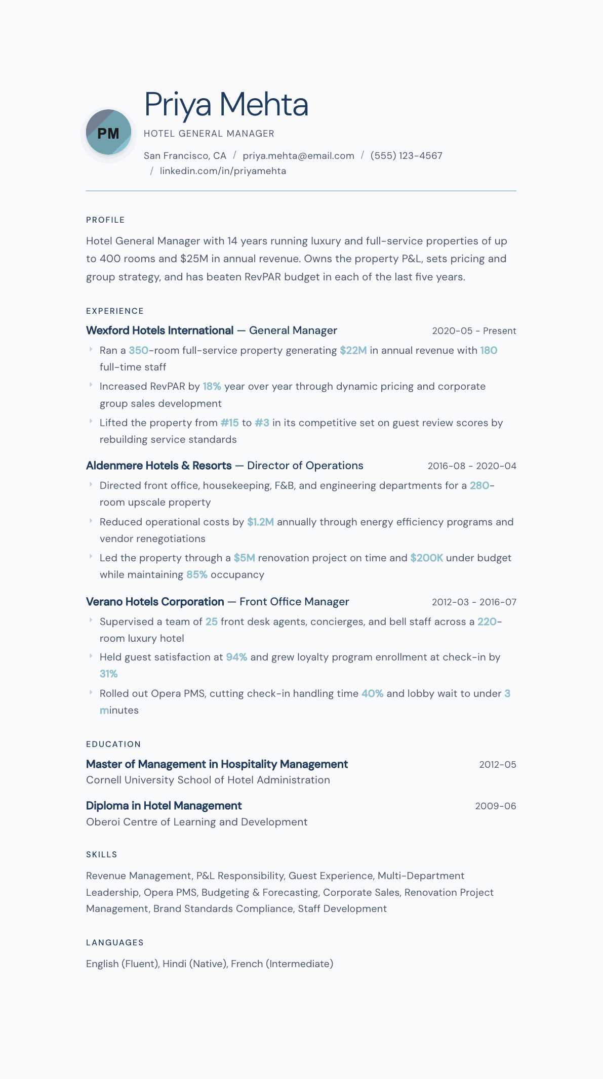 Hotel General Manager resume example, Nordic Frost template