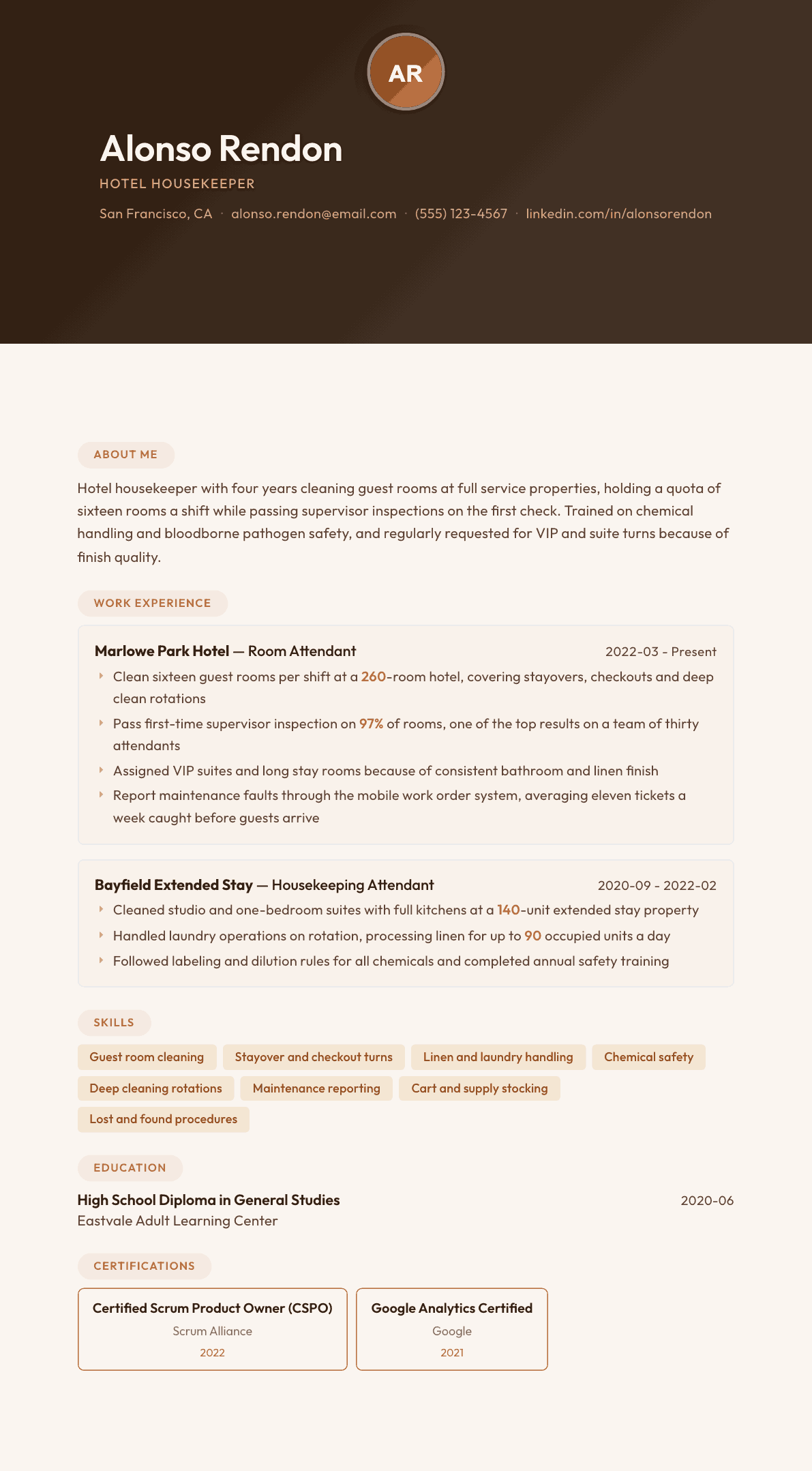 Hotel Housekeeper resume example, Terracotta Studio template