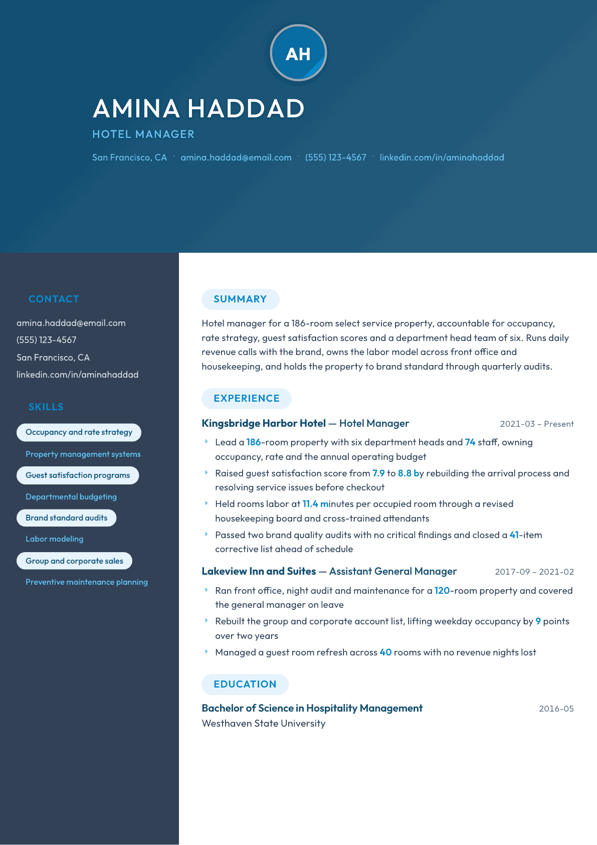Hotel Manager resume example, Nexus template