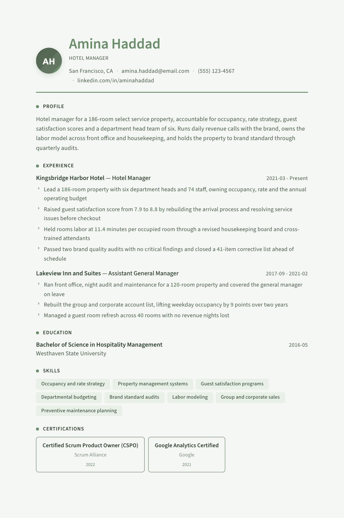 Hotel Manager resume example, Sage Garden template