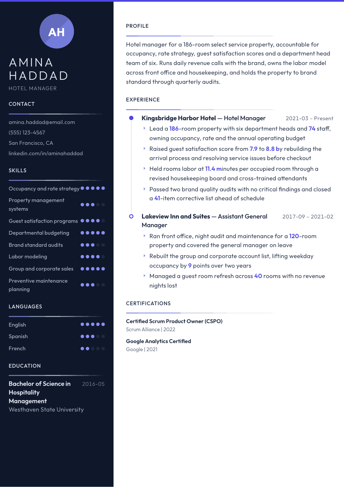 Hotel Manager resume example, Zenith template