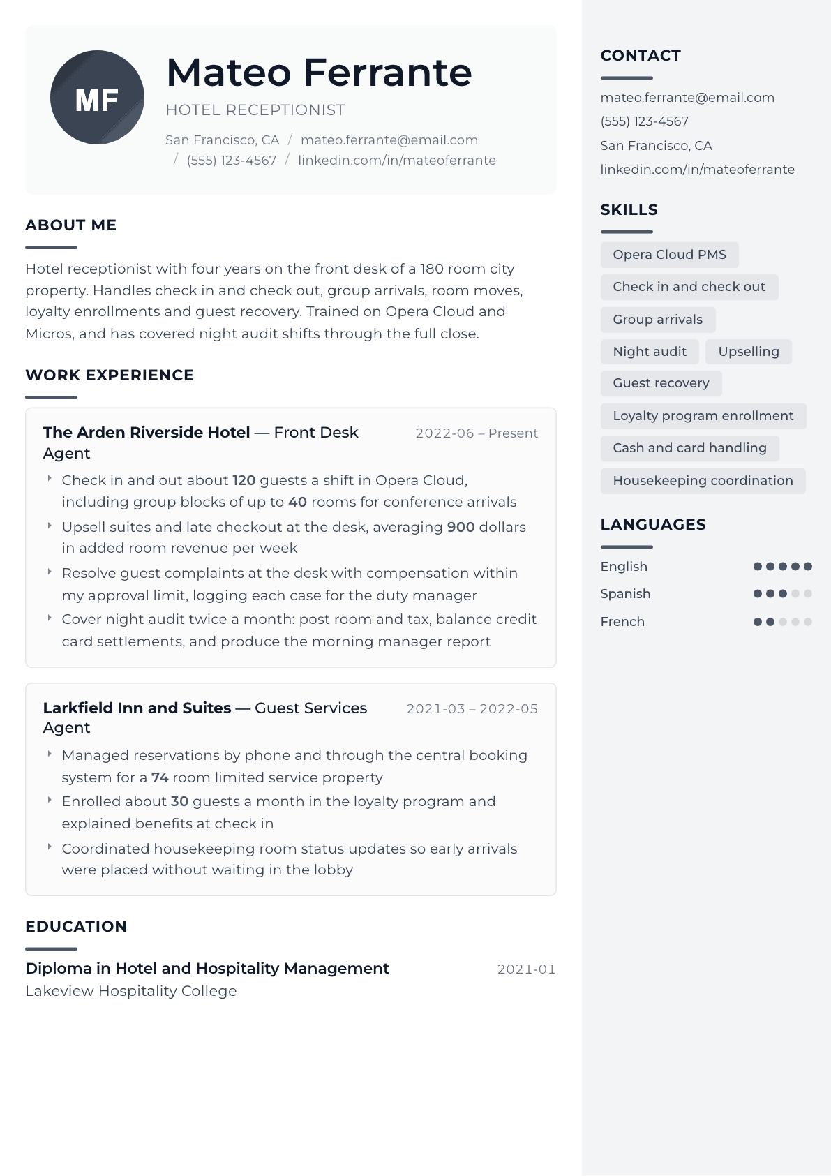 Hotel Receptionist resume example, Metropolitan template