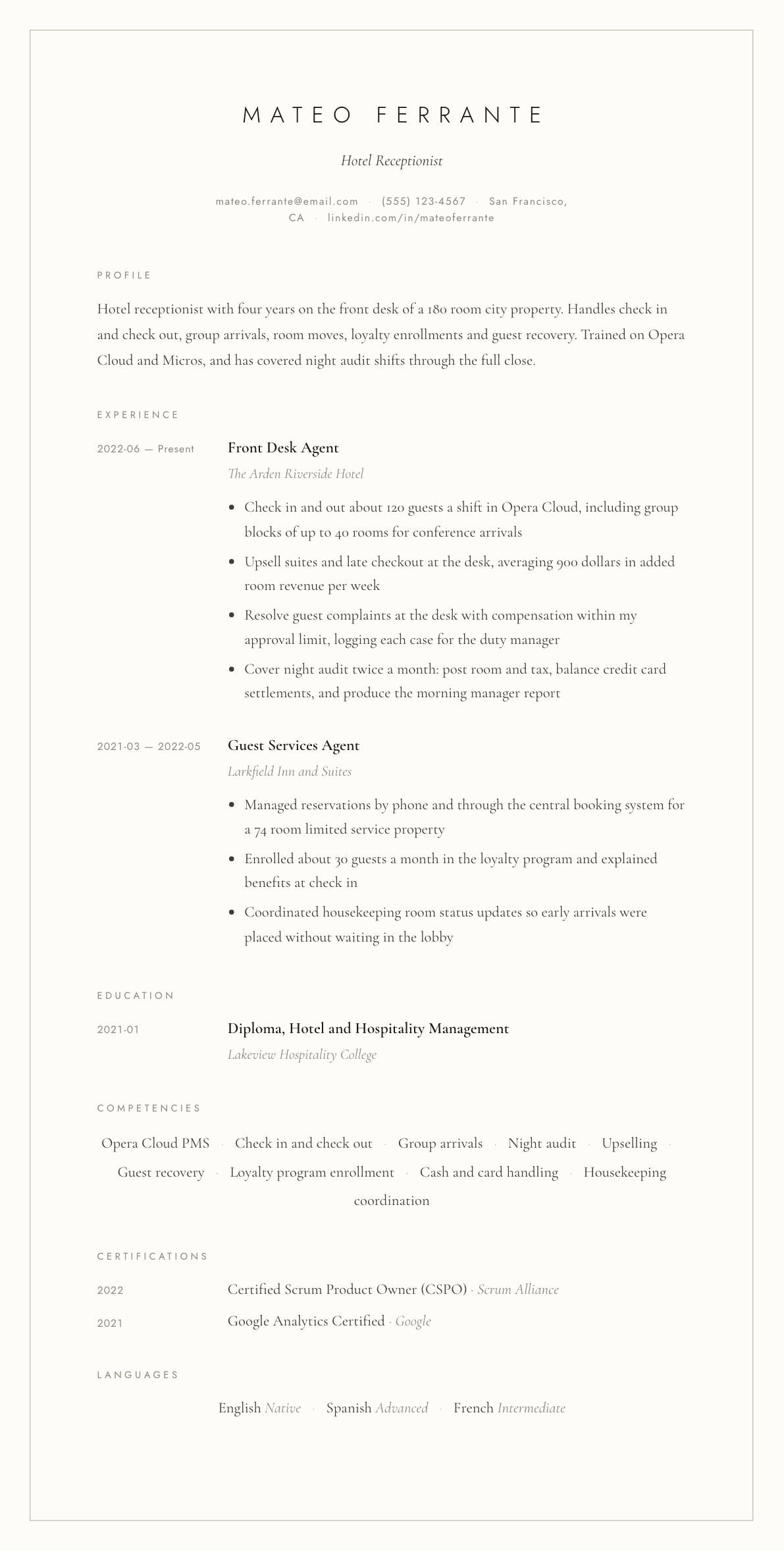 Hotel Receptionist resume example, Vellum template