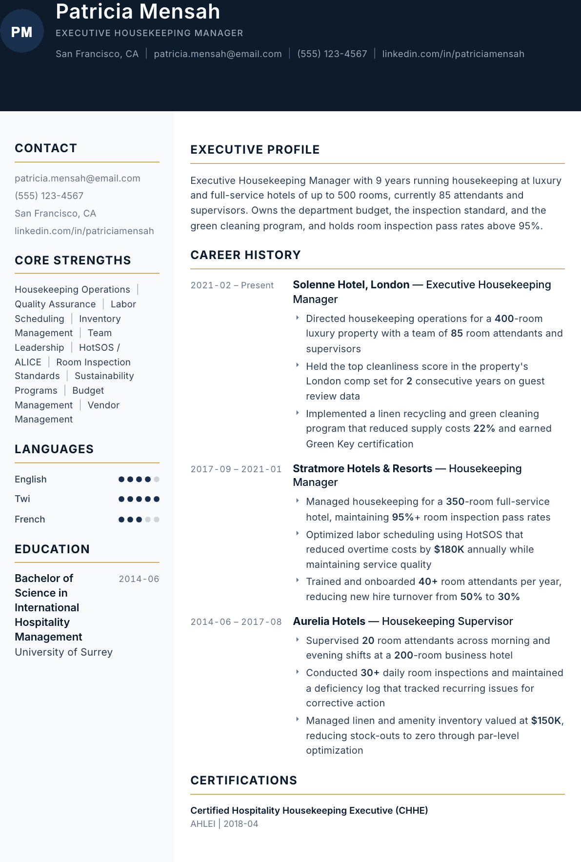 Housekeeping Manager resume example, Consulate template