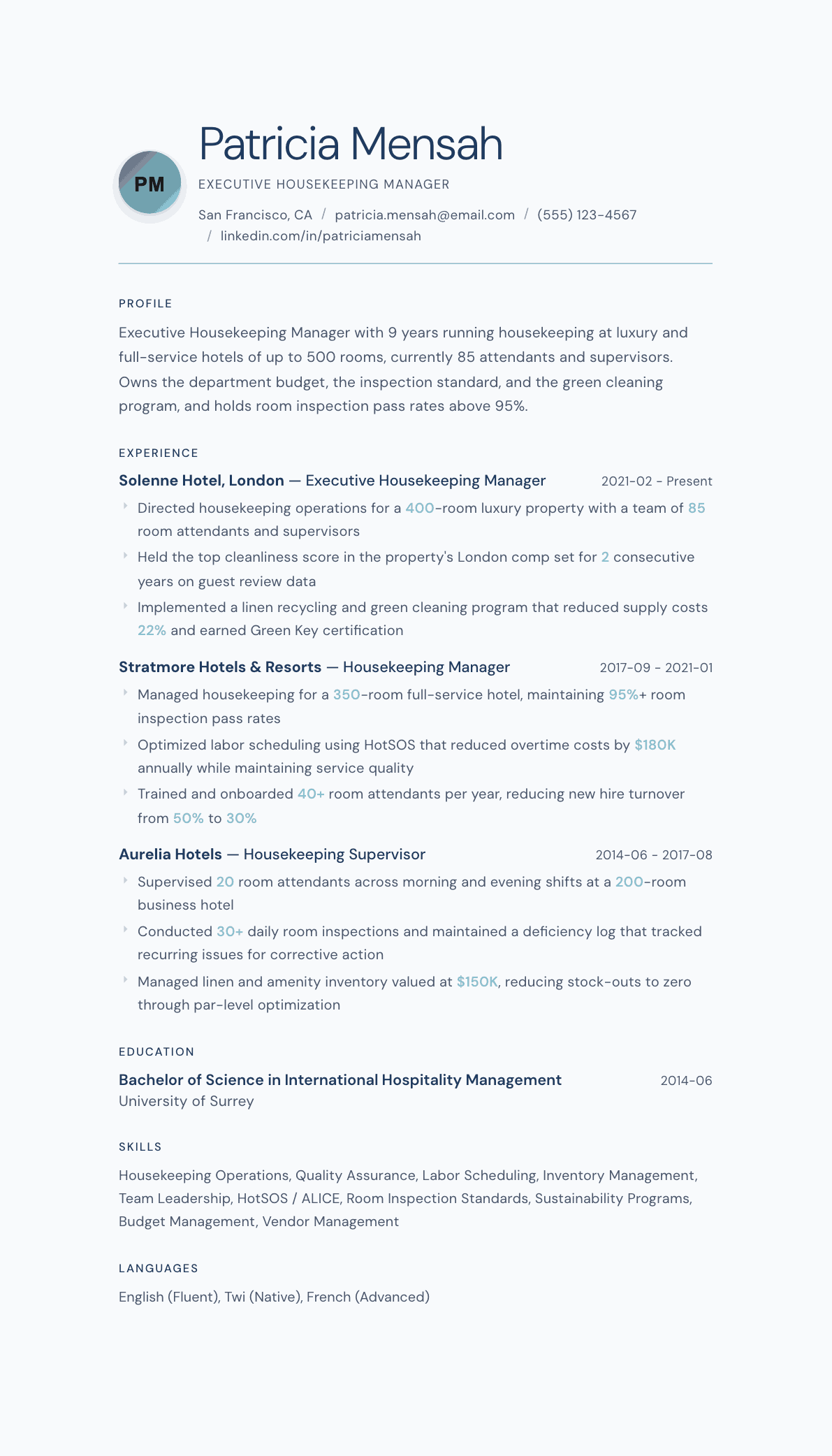 Housekeeping Manager resume example, Nordic Frost template