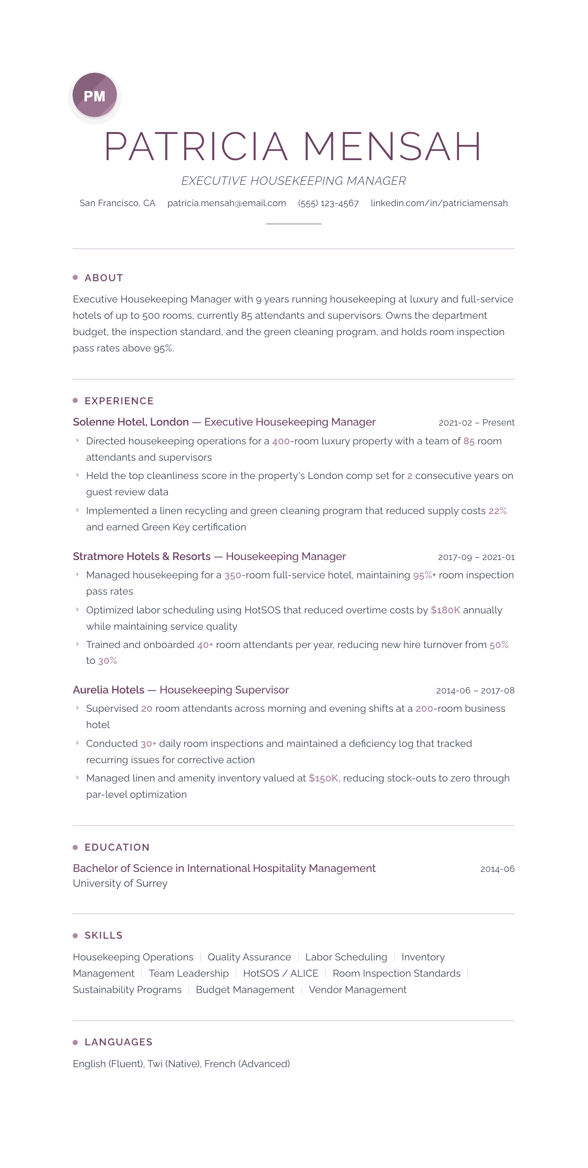 Housekeeping Manager resume example, Serenity template