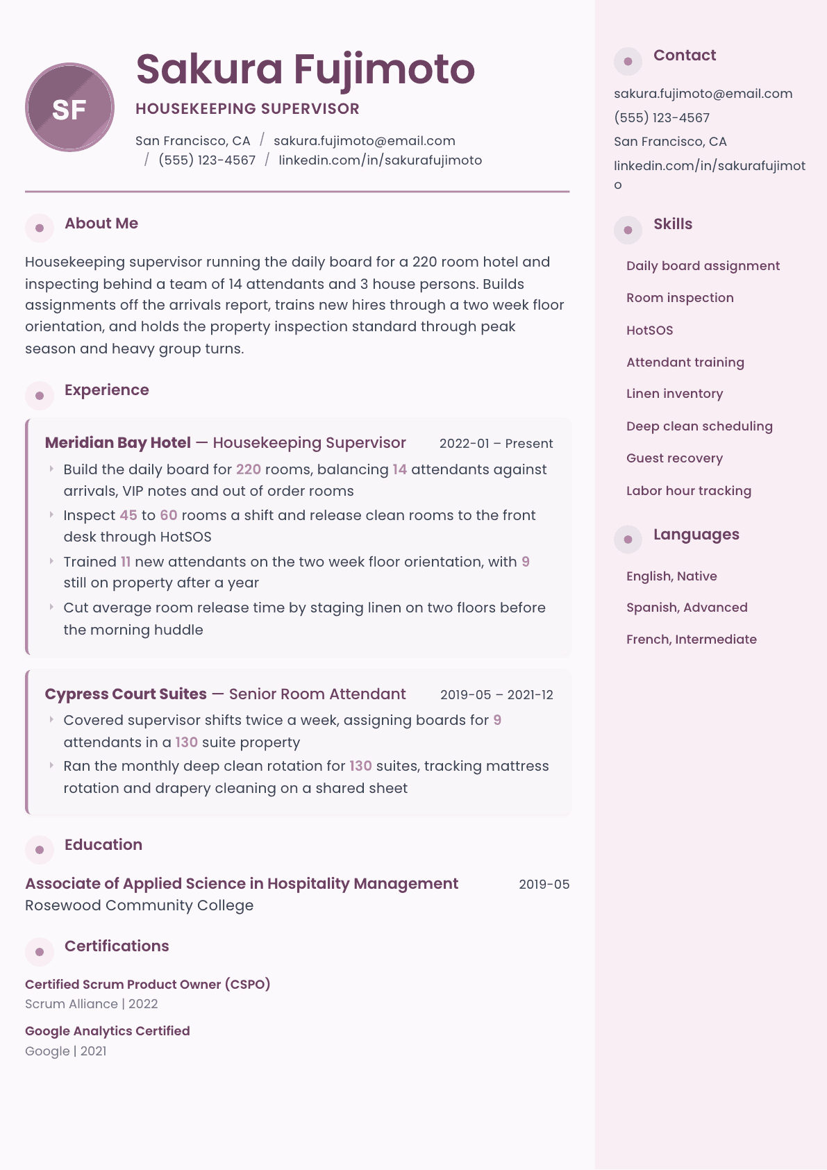 Housekeeping Supervisor resume example, Bloom template
