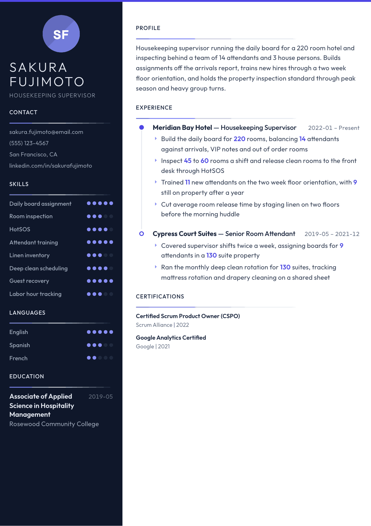 Housekeeping Supervisor resume example, Zenith template