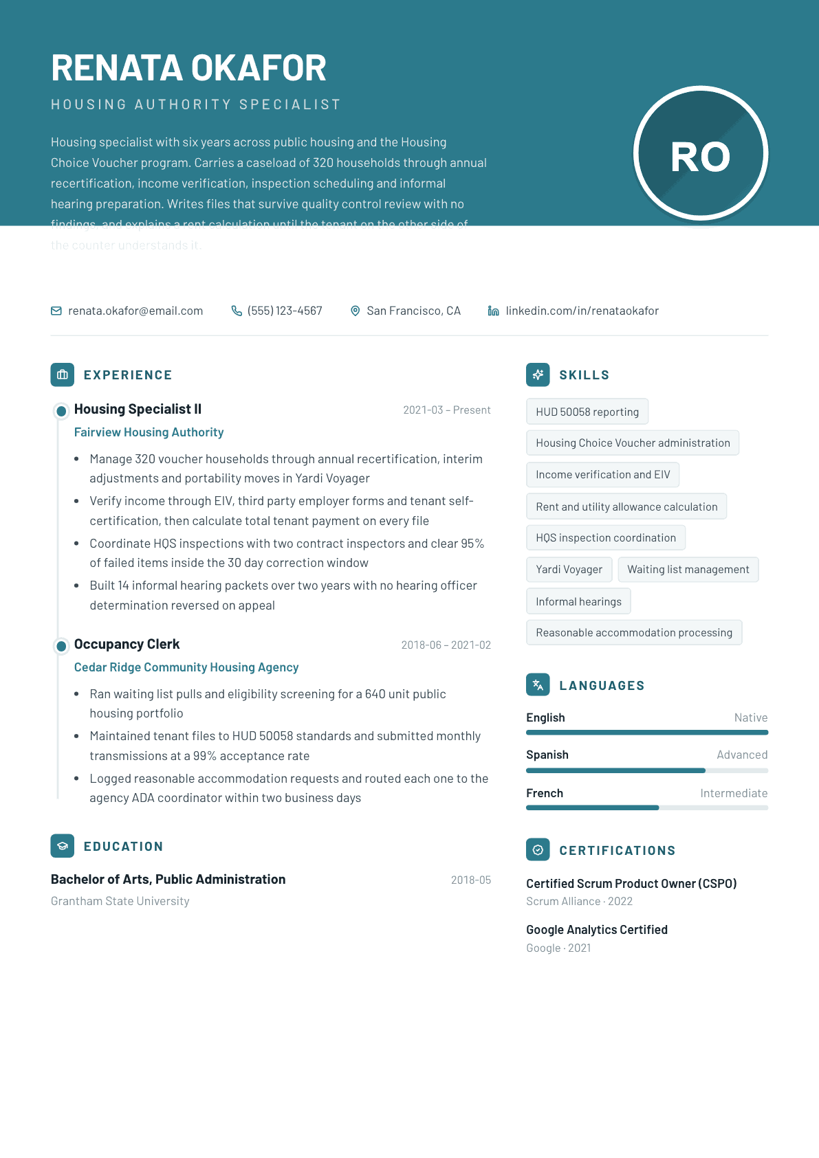 Housing Authority Specialist resume example, Harbor template
