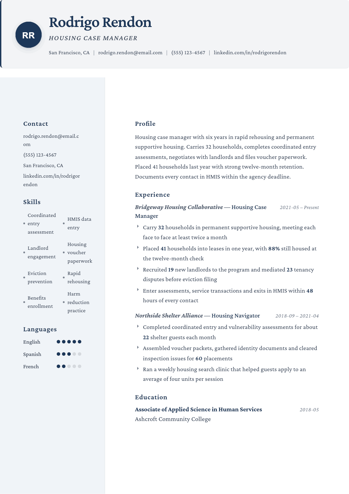 Housing Case Manager resume example, Formal template