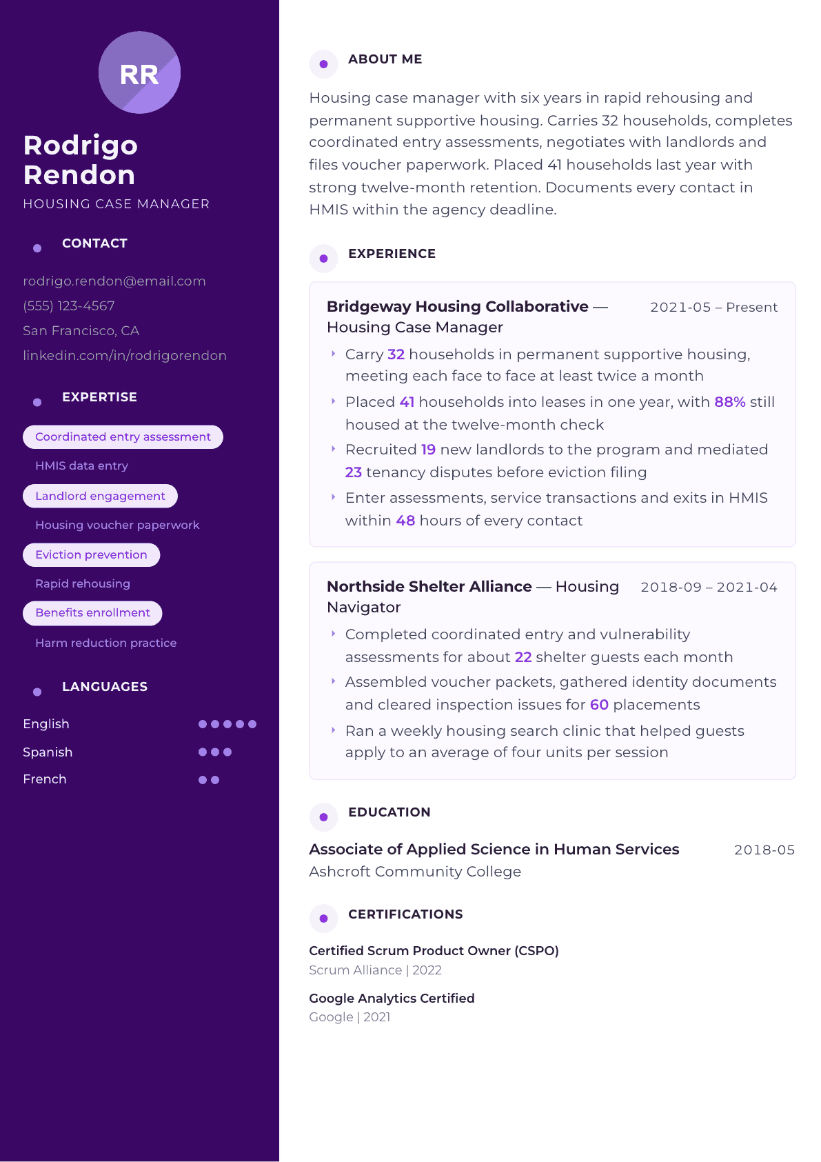 Housing Case Manager resume example, Palette template