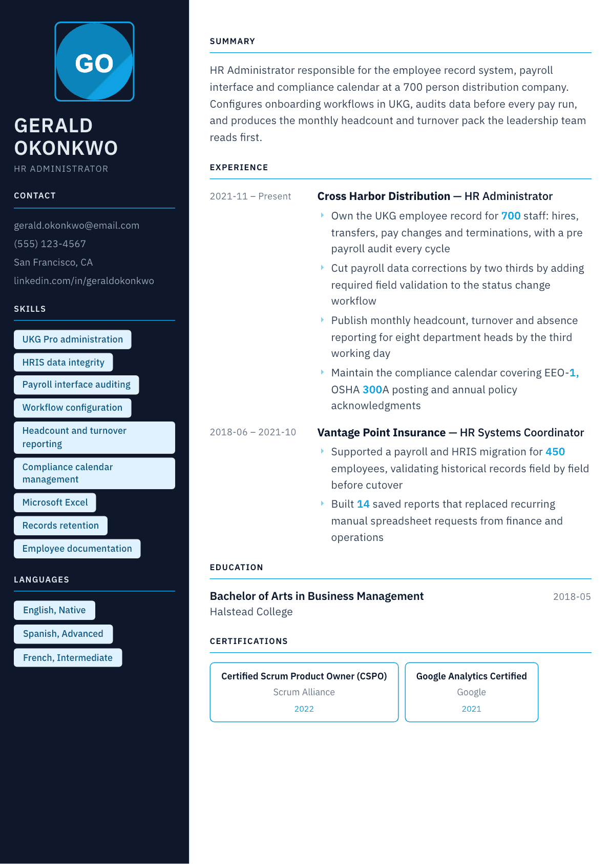 HR Administrator resume example, Everest template