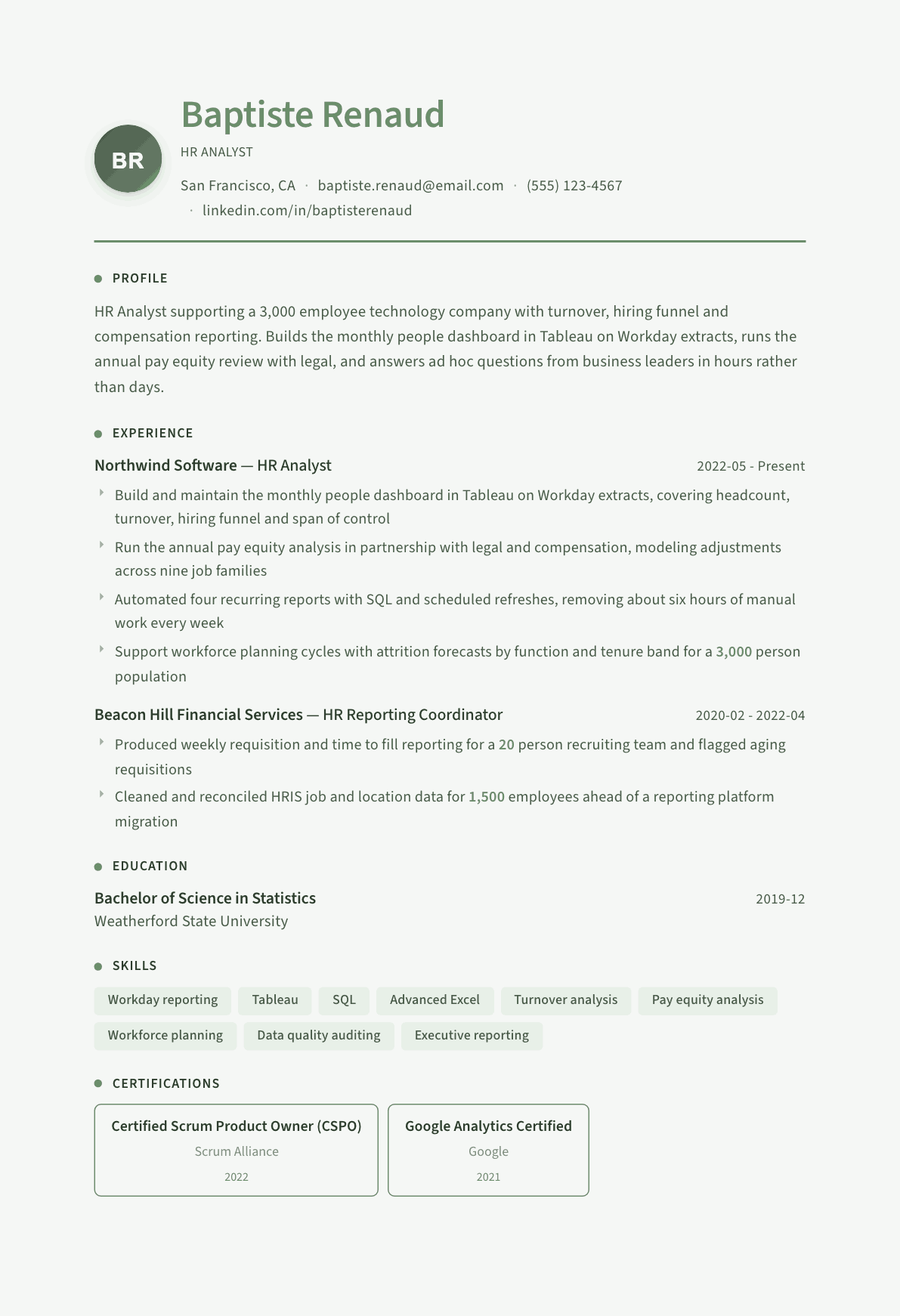 HR Analyst resume example, Sage Garden template