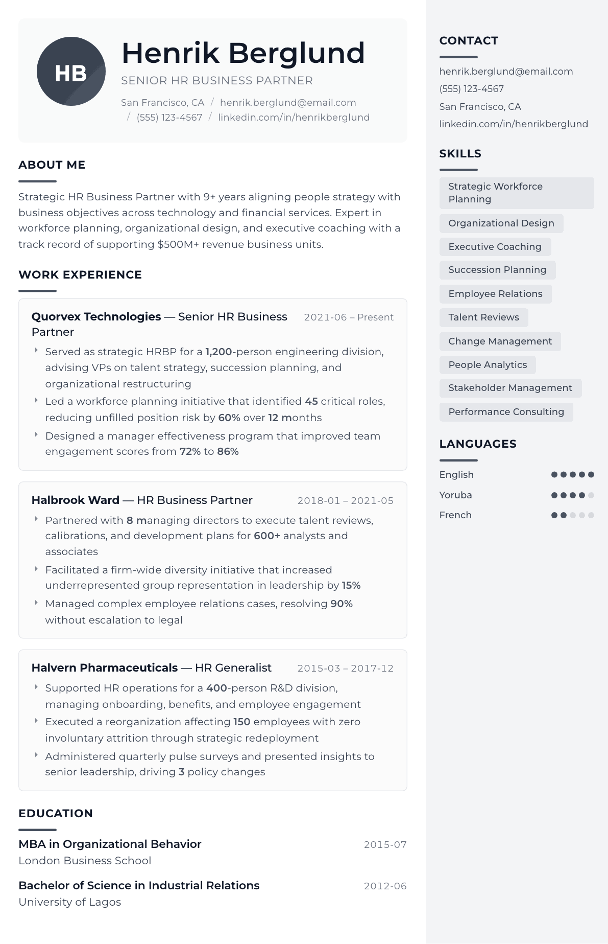 HR Business Partner resume example, Metropolitan template