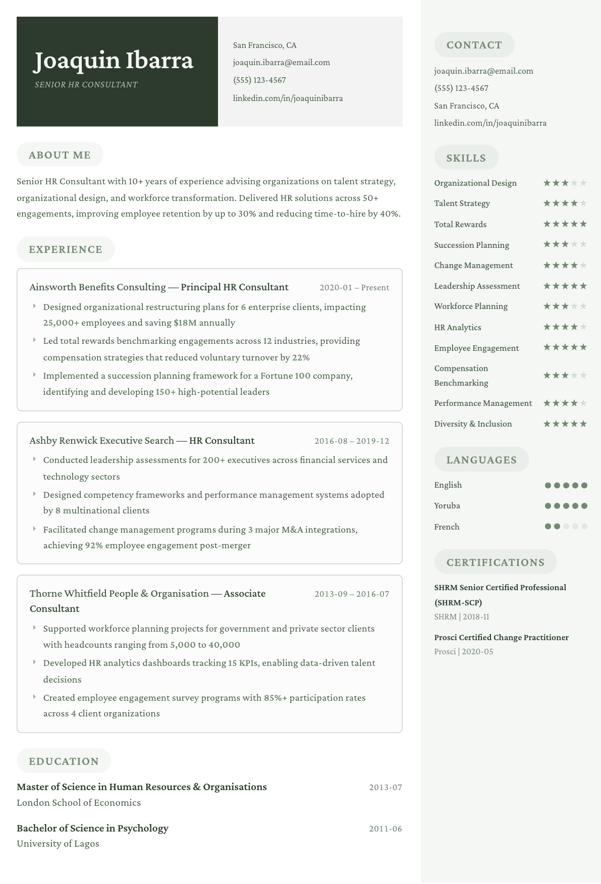 HR Consultant resume example, Mayfair template
