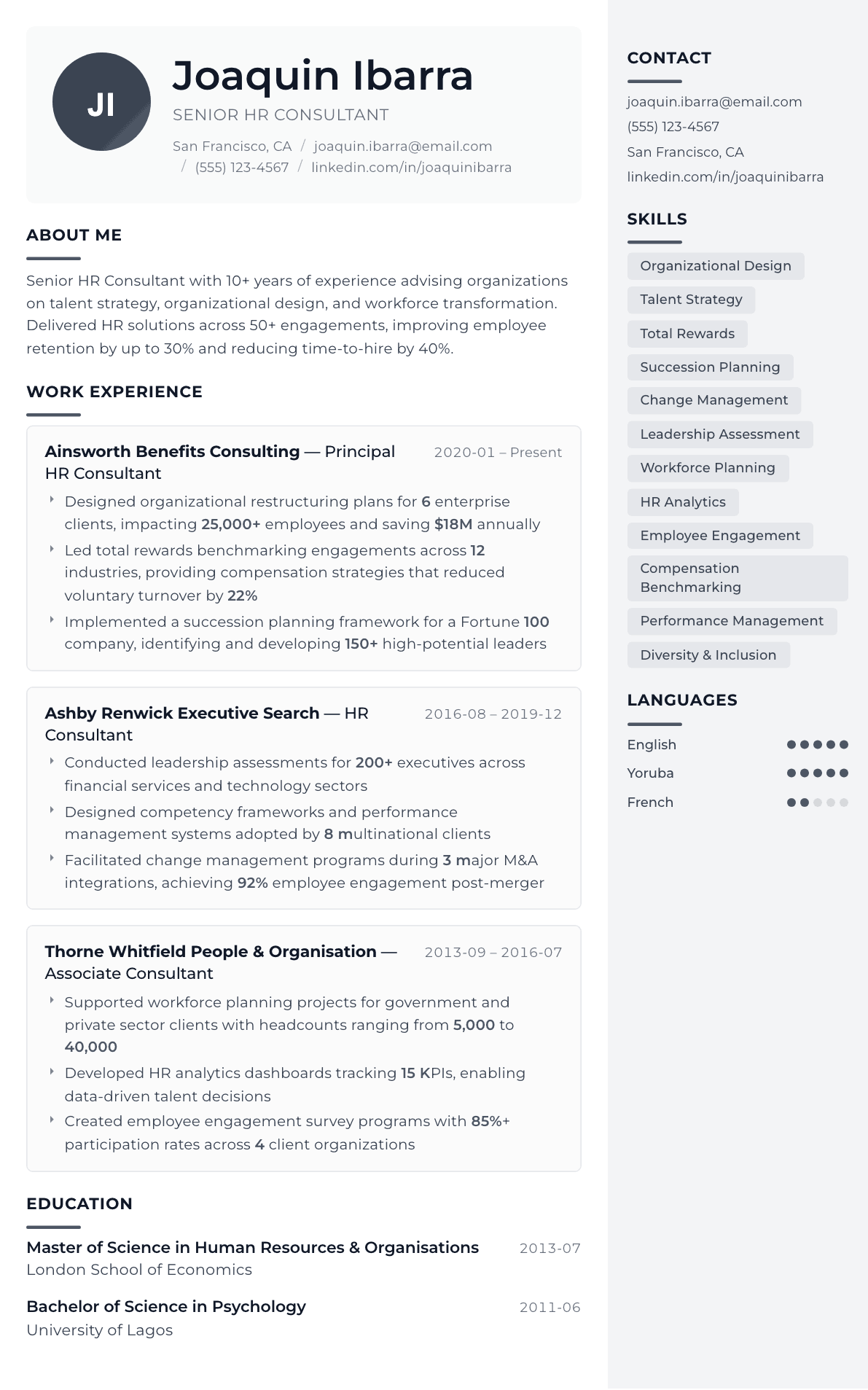 HR Consultant resume example, Metropolitan template