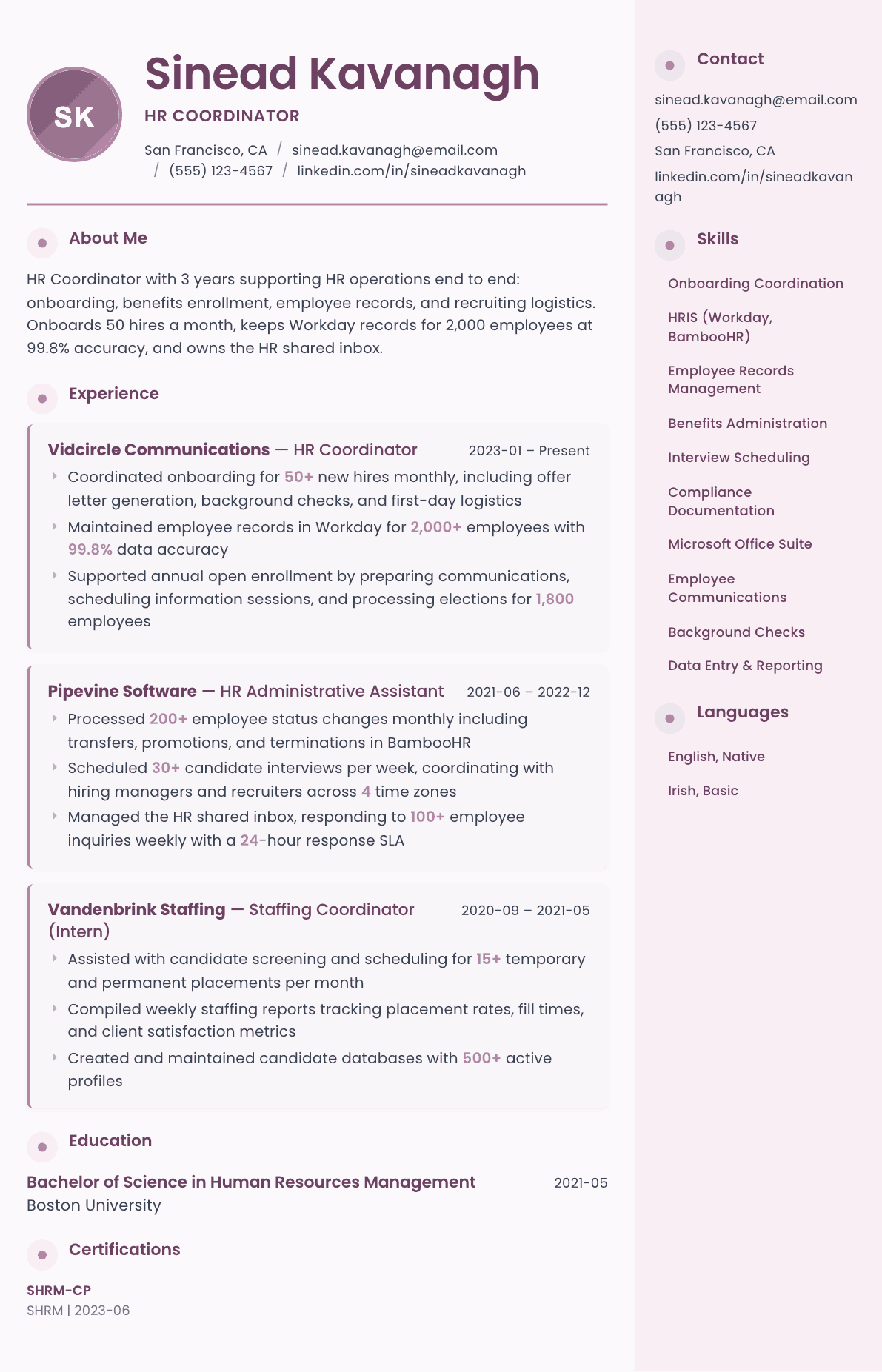 HR Coordinator resume example, Bloom template