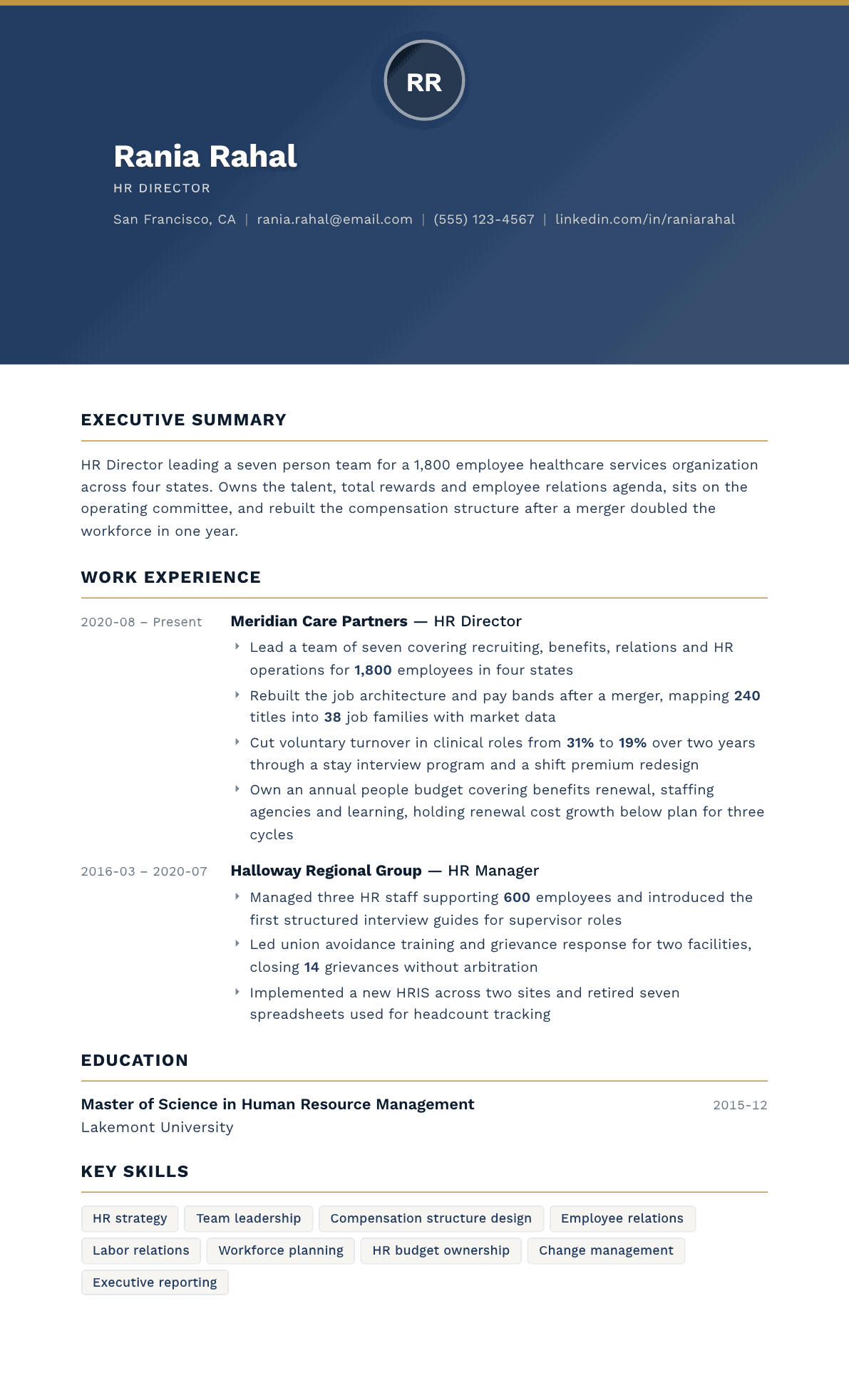 HR Director resume example, Sovereign template